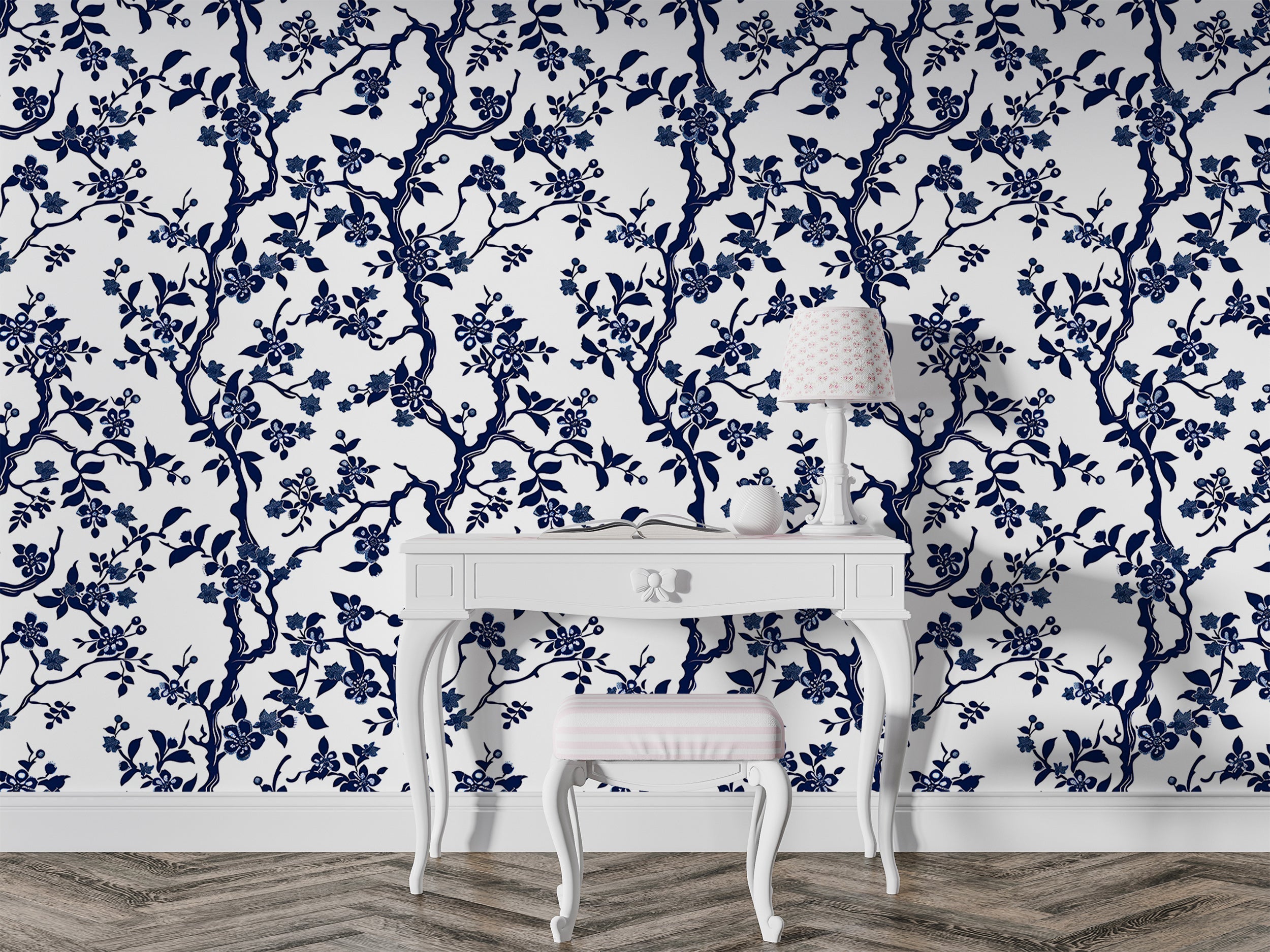 Blue Branches with Leaves and Flowers Wallpaper, Peel and Stick Blossom Tree Wallpaper, Blue and White Botanical, Chinoiserie Floral Decor