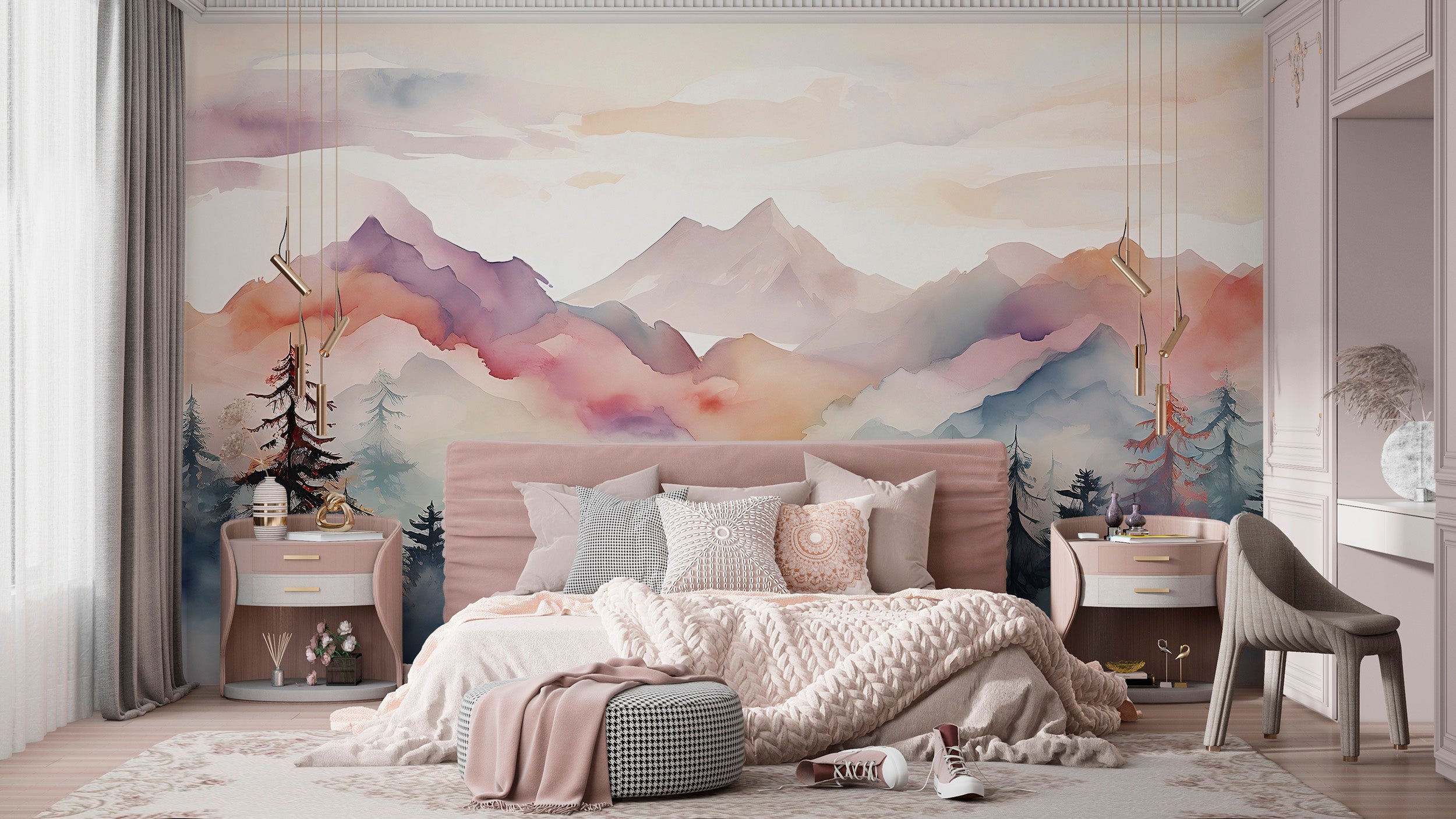 Colorful Mountain Mural Transforming Room Ambiance