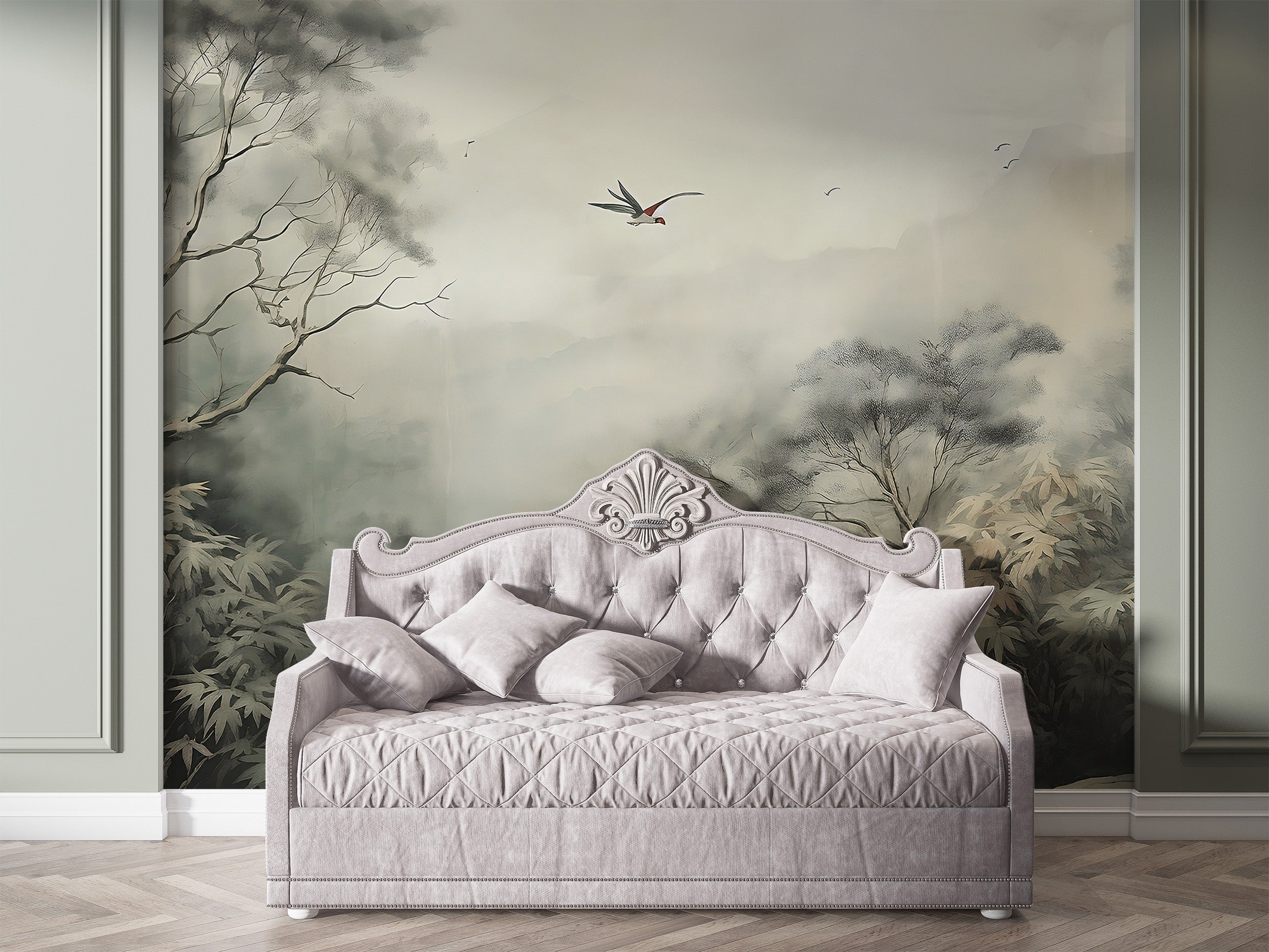 Classic Tropical Forest Mural in Monochrome Hues