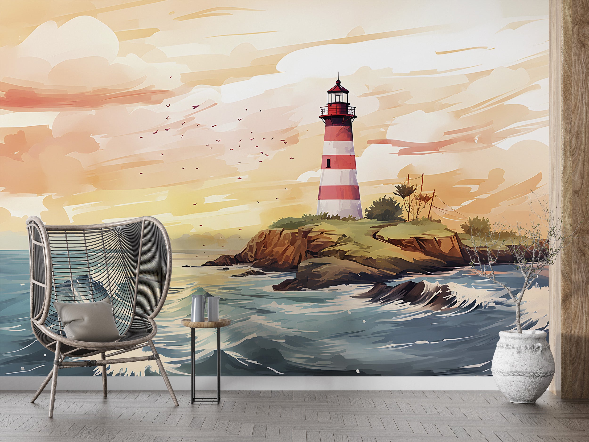 Colorful Ocean Landscape Wall Art with Charming Lighthouse