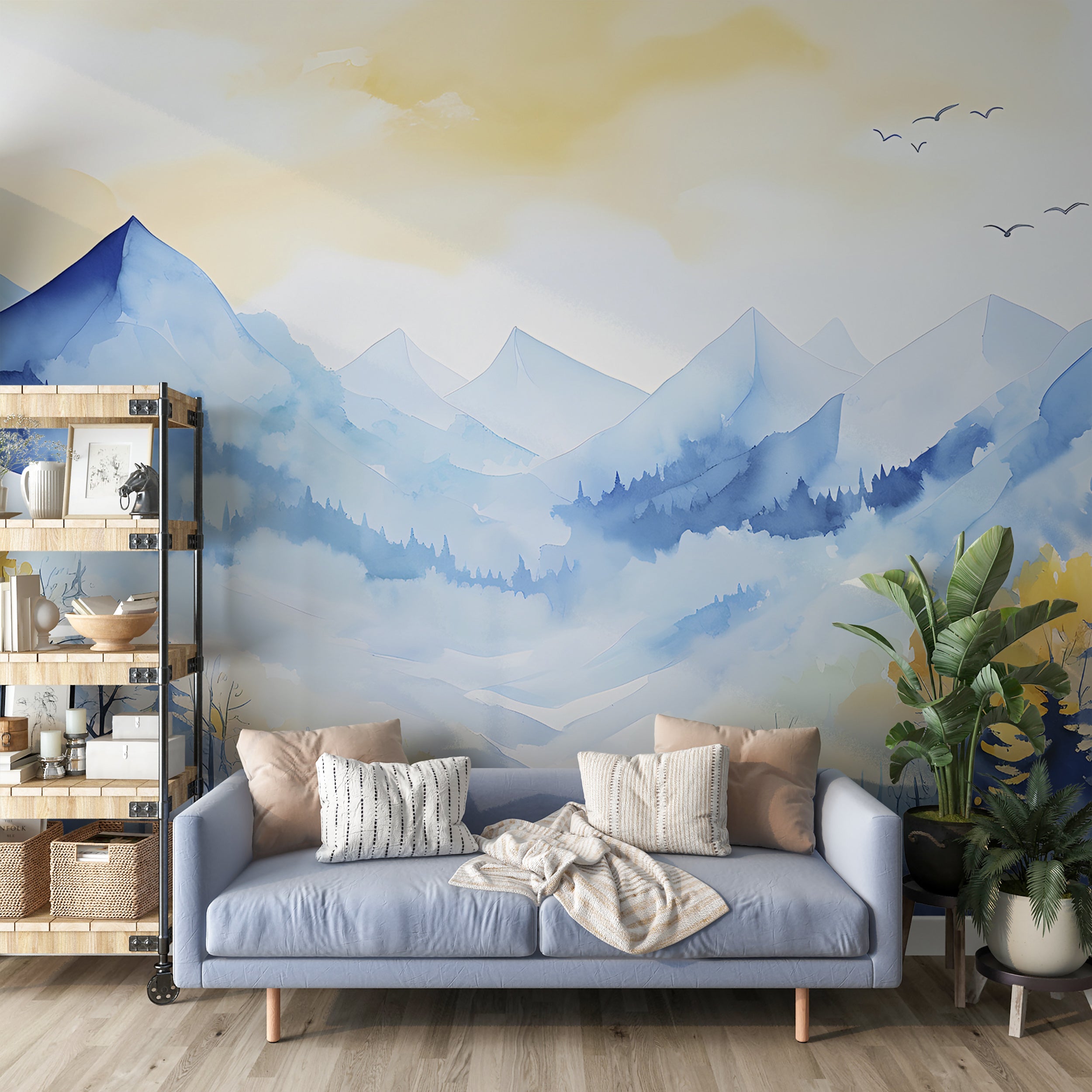 Blue and Yellow Watercolor Mountains Nursery Wallpaper