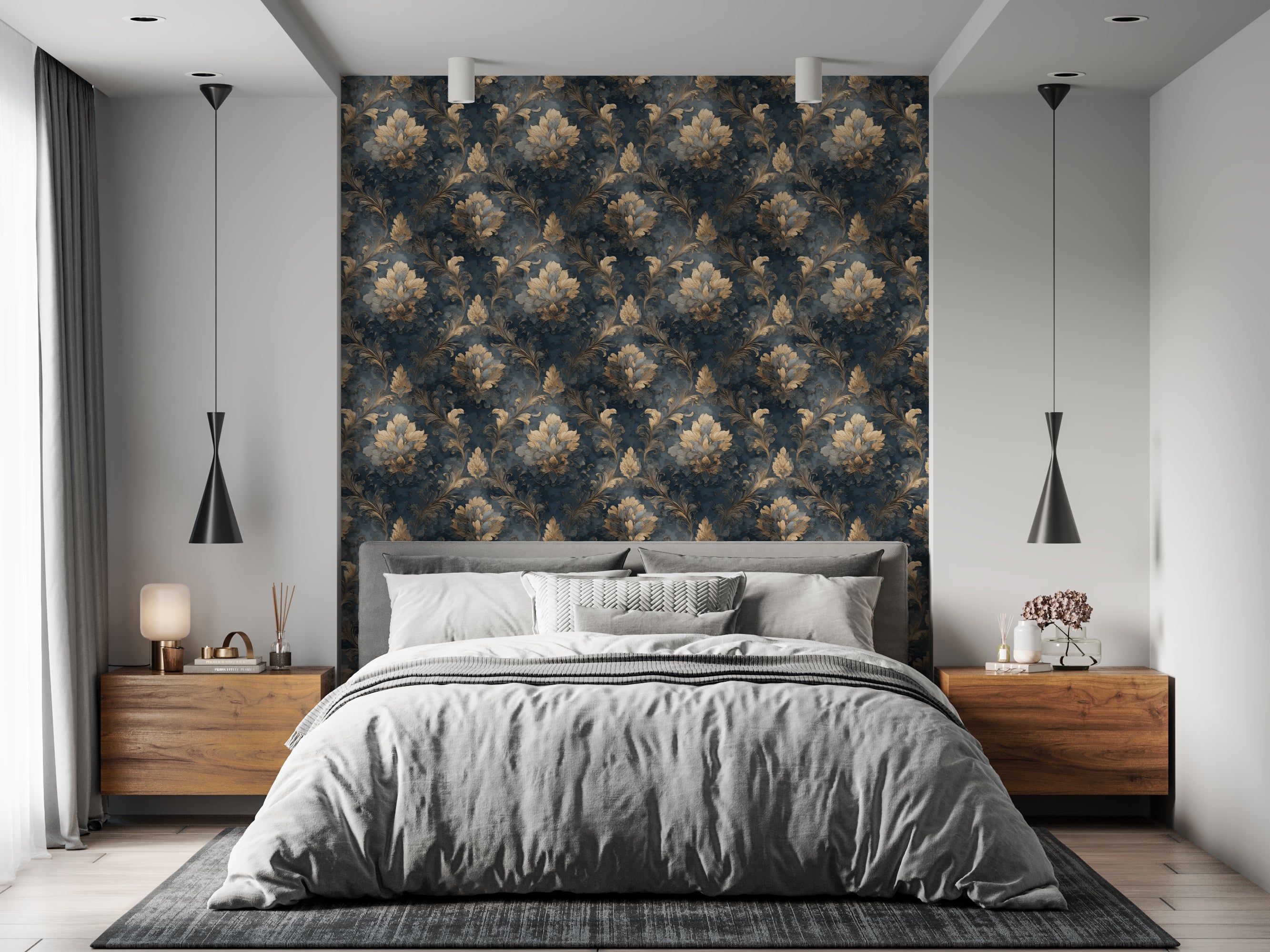 Bedroom with navy blue and gold baroque damask wallpaper feature wall, king bed, grey bedding, and wooden nightstands