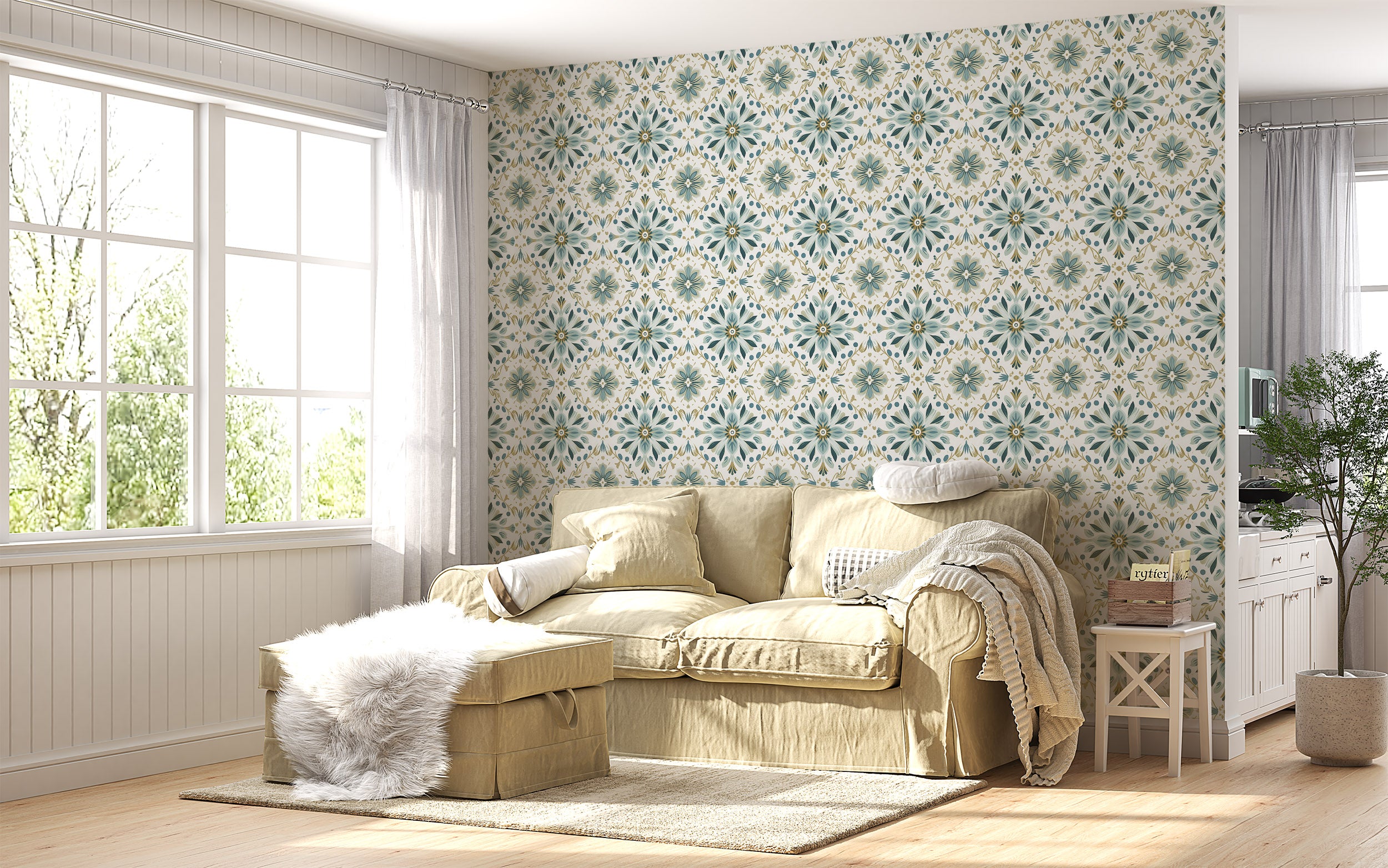 Floral Pattern in Mint and White Wallpaper