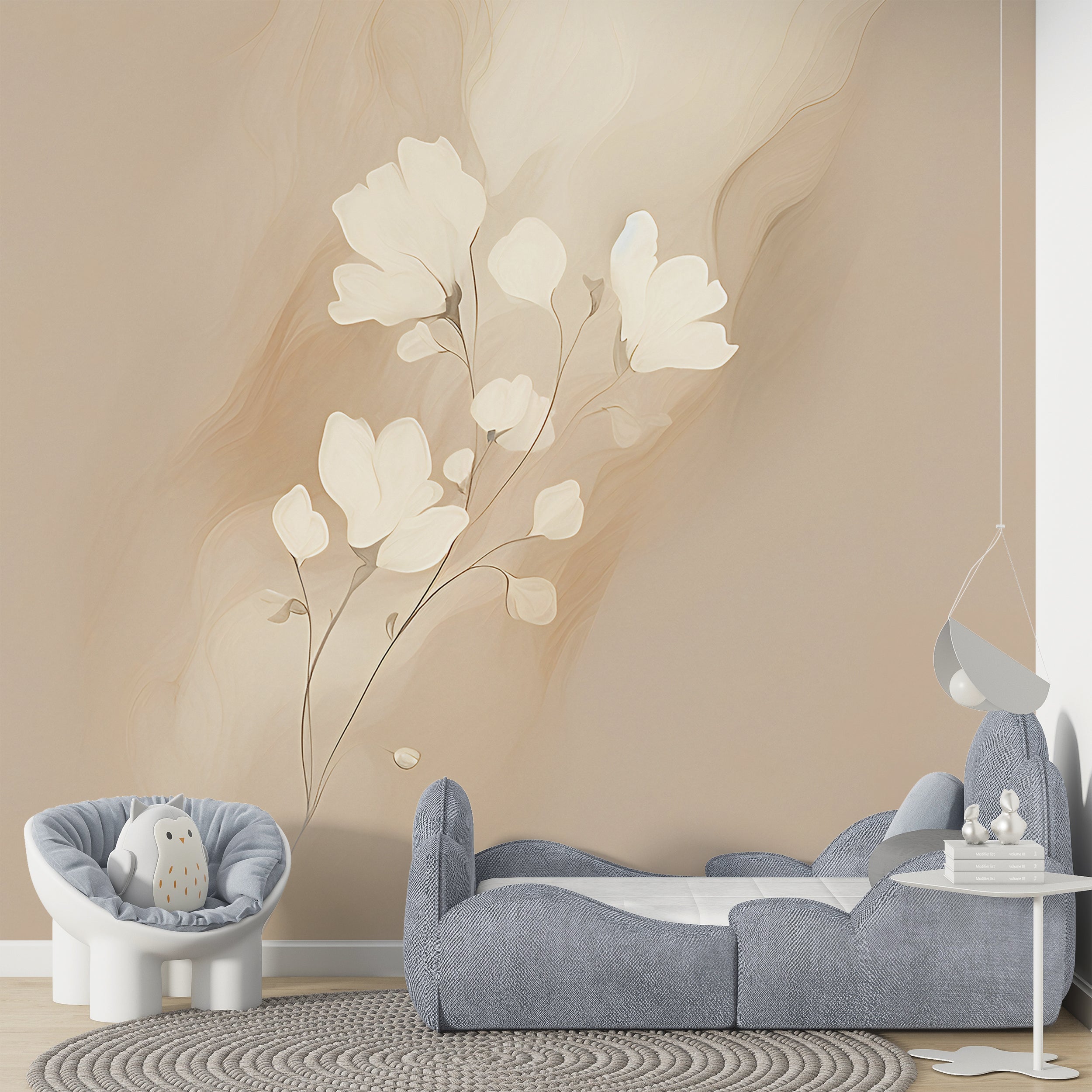 Artistic White and Beige Floral Mural