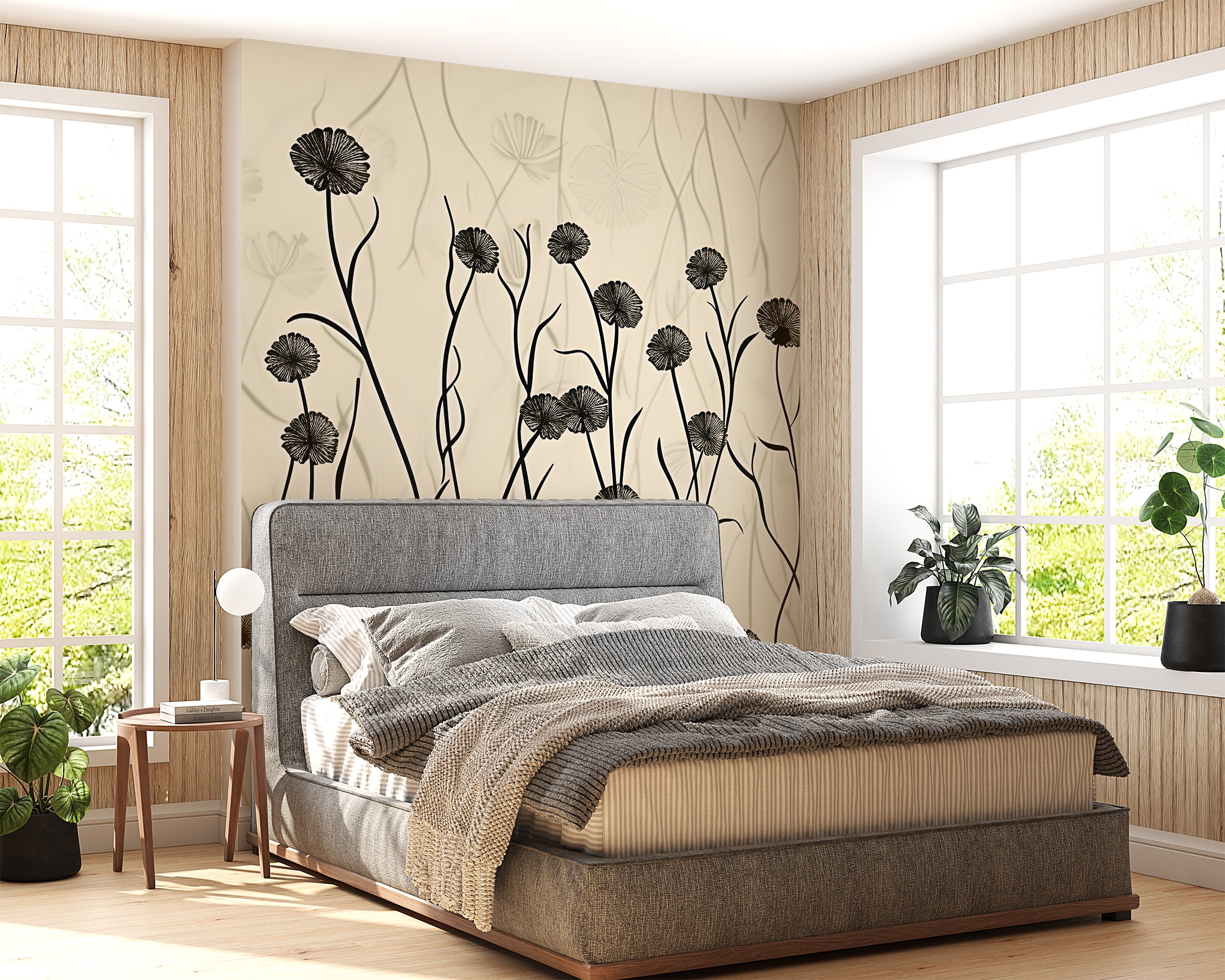 Beige Plants Wall Mural, Light Botanical Wallpaper, Abstract Floral Wall Decal, Peel and Stick Beige Flower Mural, Meadow Flowers Mural