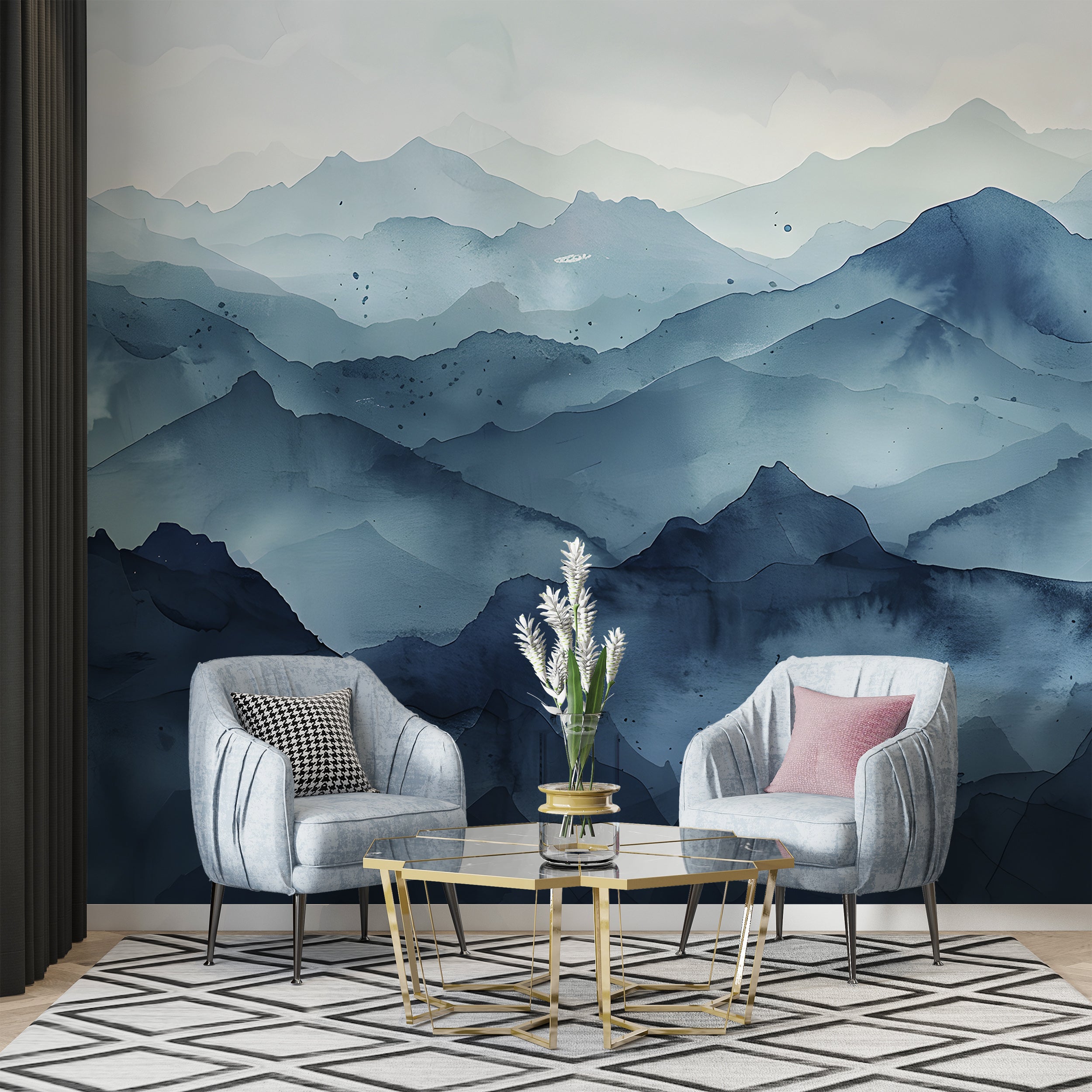 Dark Blue Mountains Mural, Watercolor Mountain Landscape Wallpaper, Peel and Stick Navy Blue Nature Art, Nursery Mountains Wall Decal