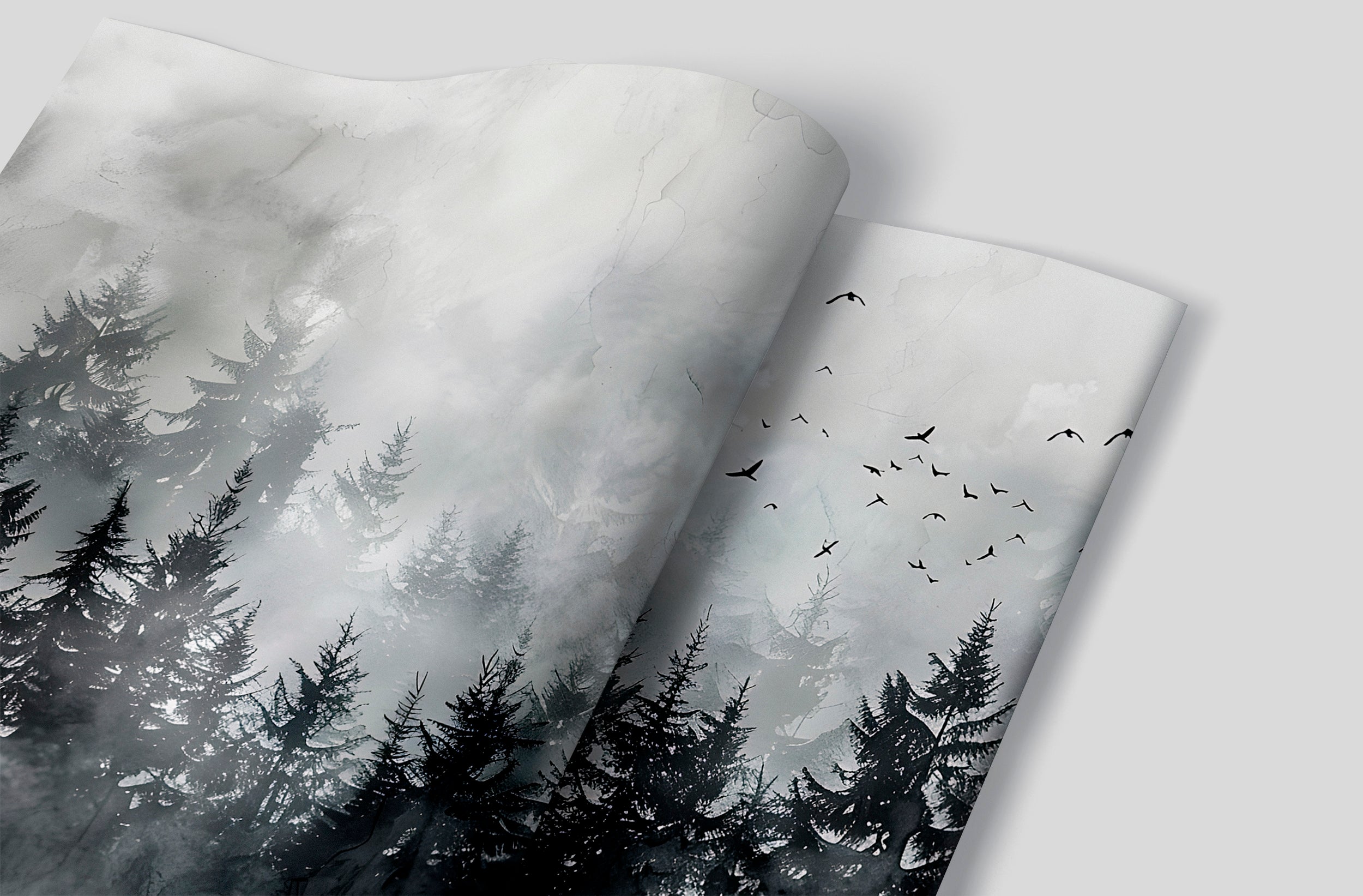 Black Foggy Forest Mural, Dark Watercolor Pine Tree Forest Wallpaper, Peel and Stick Clouds, Removable Birds and Trees Black & White