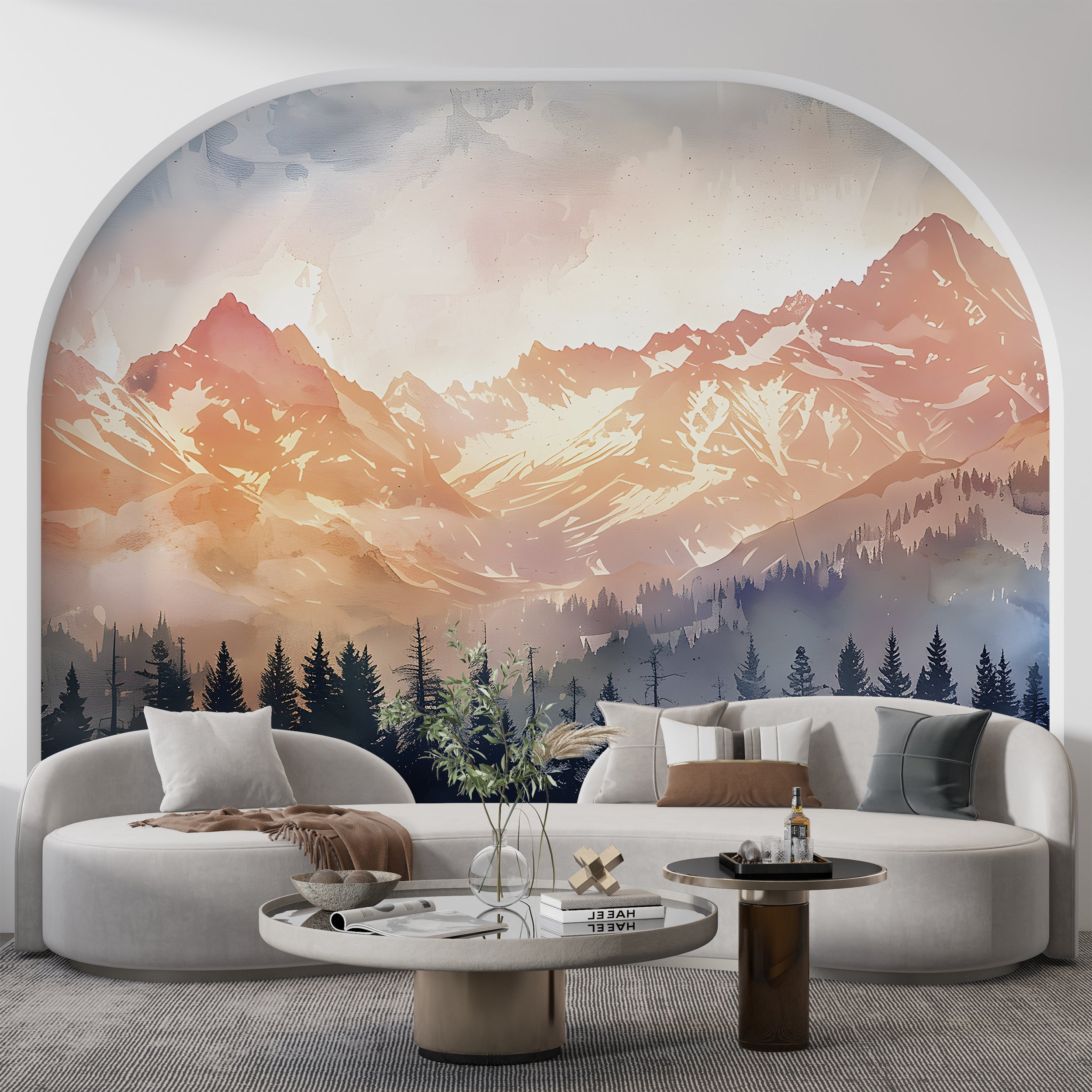 Watercolor Mountain Sunset Wallpaper, Colorful Mountains and Forest Mural, Peel and Stick Orange Landscape Nursery Decal, PVC-free