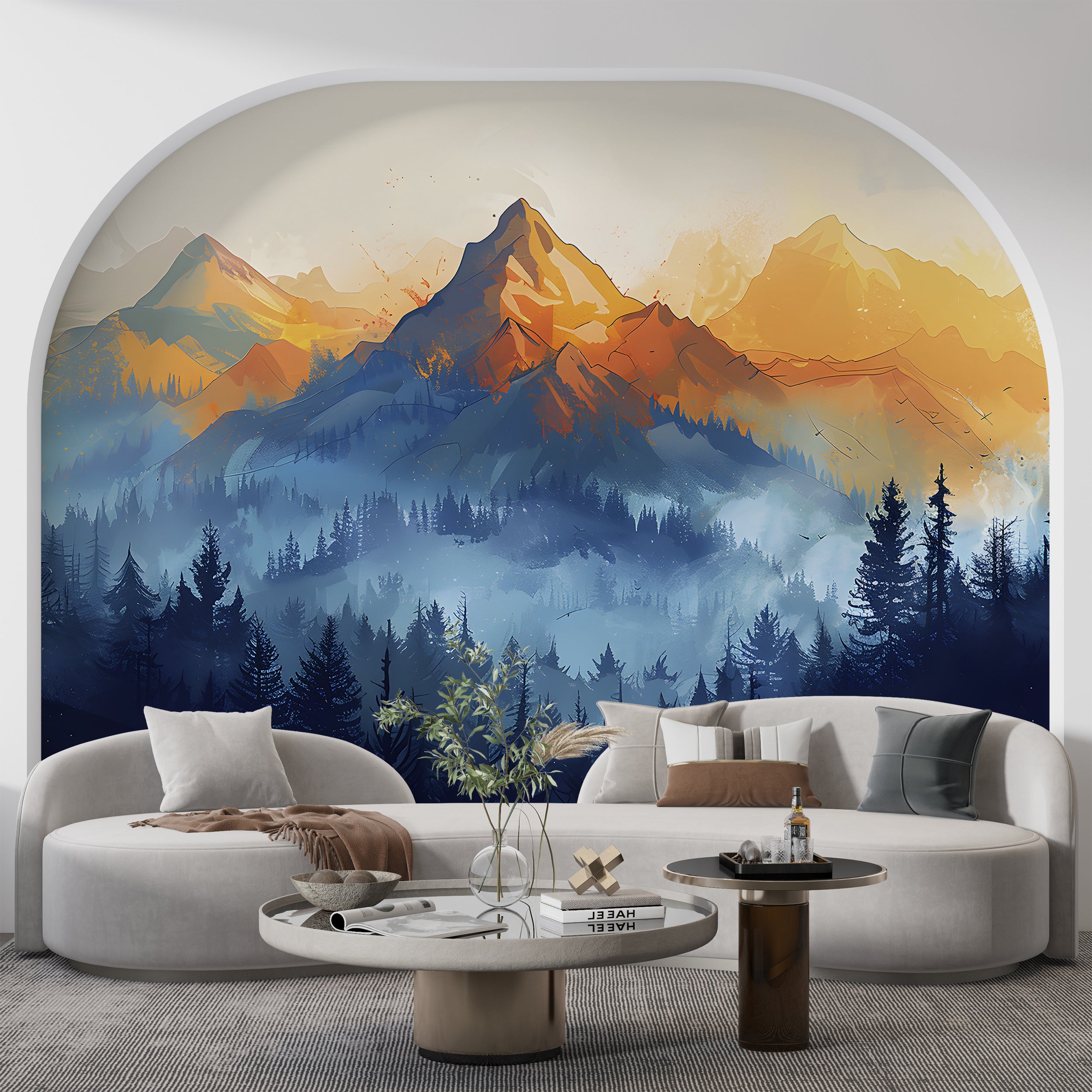 Orange and Blue Watercolor Mural, Peel and Stick Mountain View Wallpaper, Removable Mountains and Forest Landscape, Mountain Sunset Art