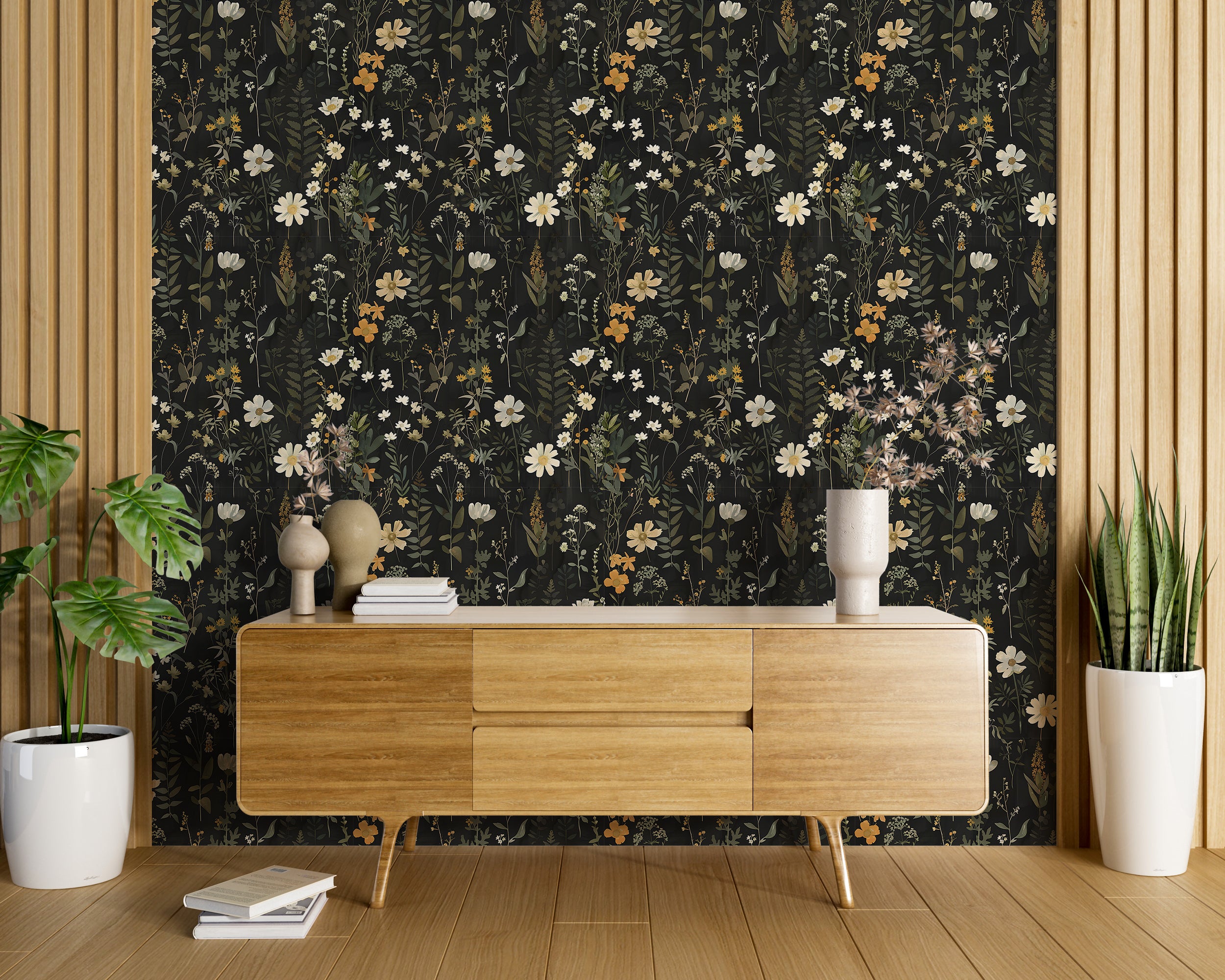 Meadow Flowers Dark Wallpaper, Fern Wall Decor, Peel and Stick Botanical, Dark Floral Decal, Removable Flower and Leaves on Black Background