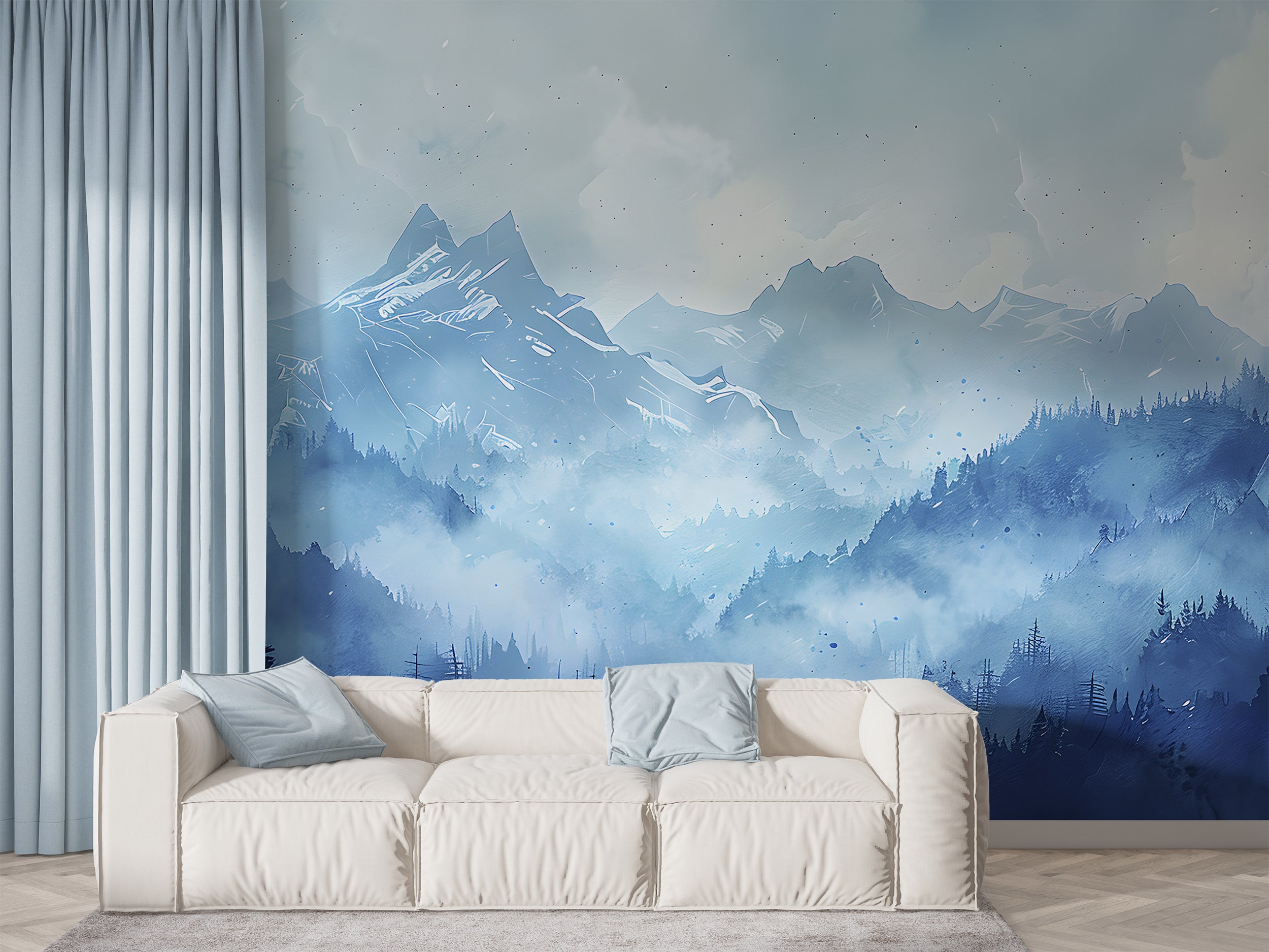 Watercolor Blue Mountains Mural, Self-adhesive Foggy Forest Landscape Wallpaper, Soft Blue Cloudy Mountain Nursery Custom Size Decor