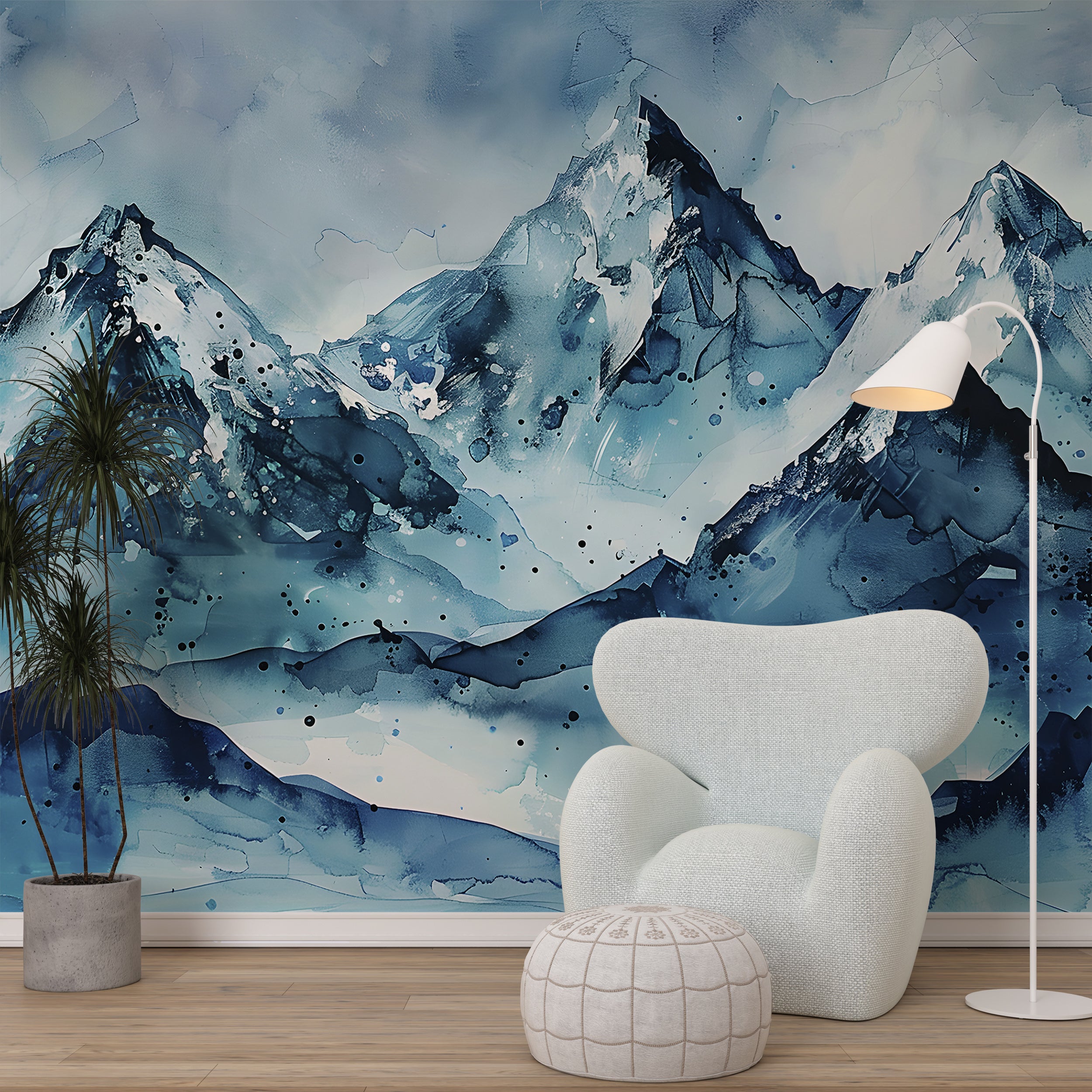 Snowy Mountains Mural, Abstract Blue Mountains Wall Art, Peel and Stick Cold Blue Wallpaper, Watercolor Removable Iced Landscape Decal