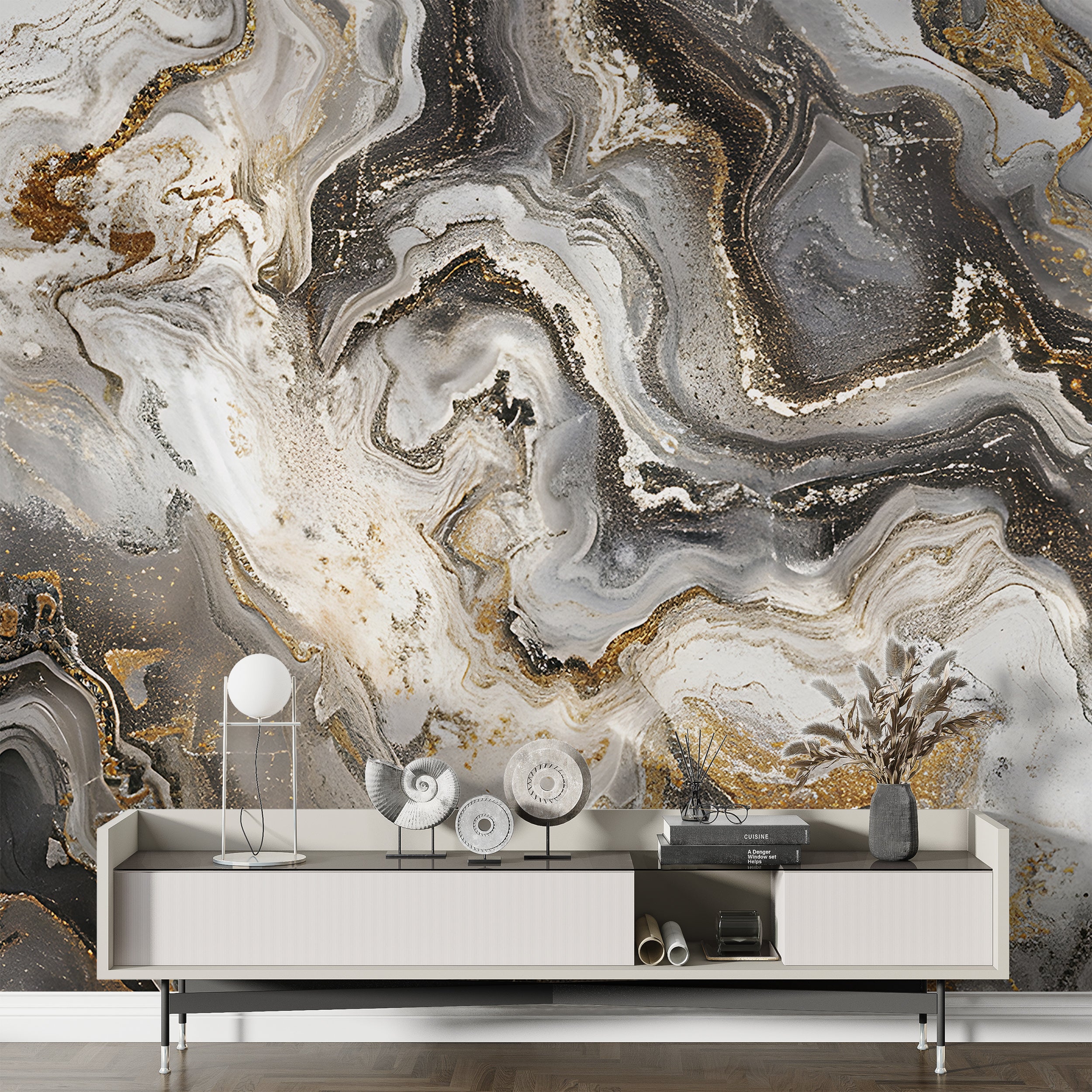 Grey Brown and Gold Alcohol Ink Wallpaper, Peel and Stick Marble Texture Mural, Removable Warm Colors Abstract Wall Art, Unique PVC free Decal