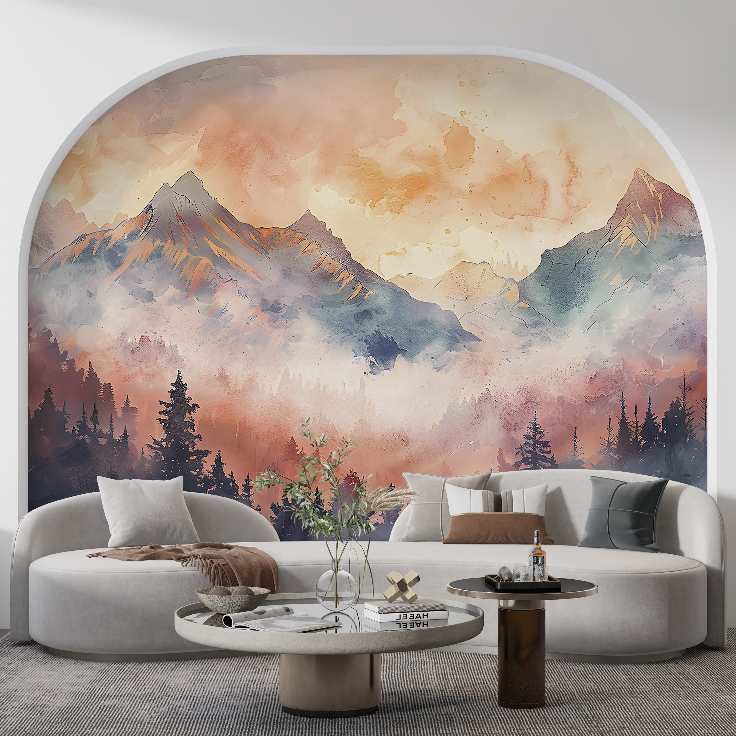 Foggy Colorful Mountains Mural, Watercolor Forest and Mountains Landscape in Pastel Colors, Peel and Stick Orange Misty Mountain Wallpaper