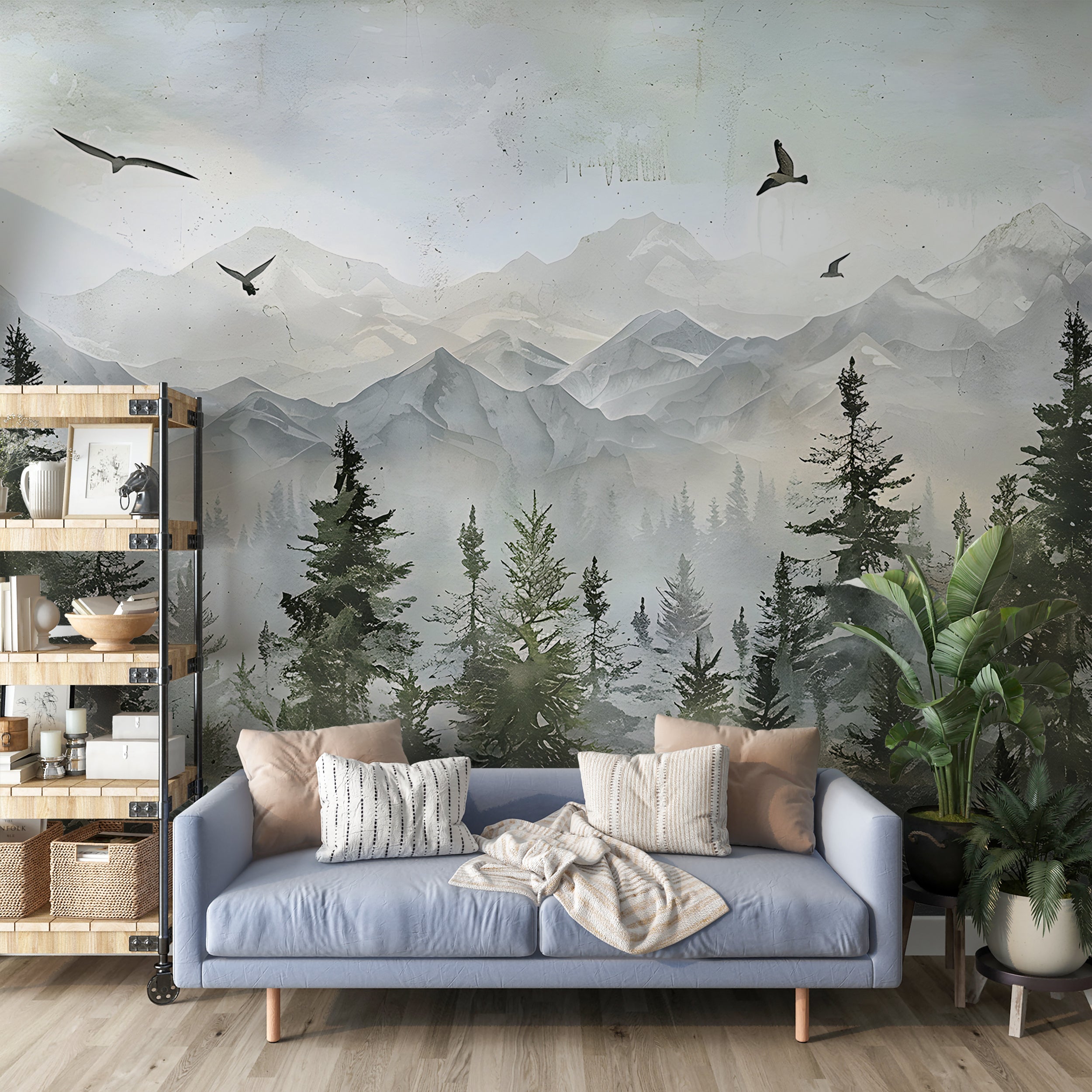 Watercolor Forest and Mountains Mural, Peel and Stick Nature Decal, Birds and Pine Forest Landscape Art, Removable Mountain View Wall Decor