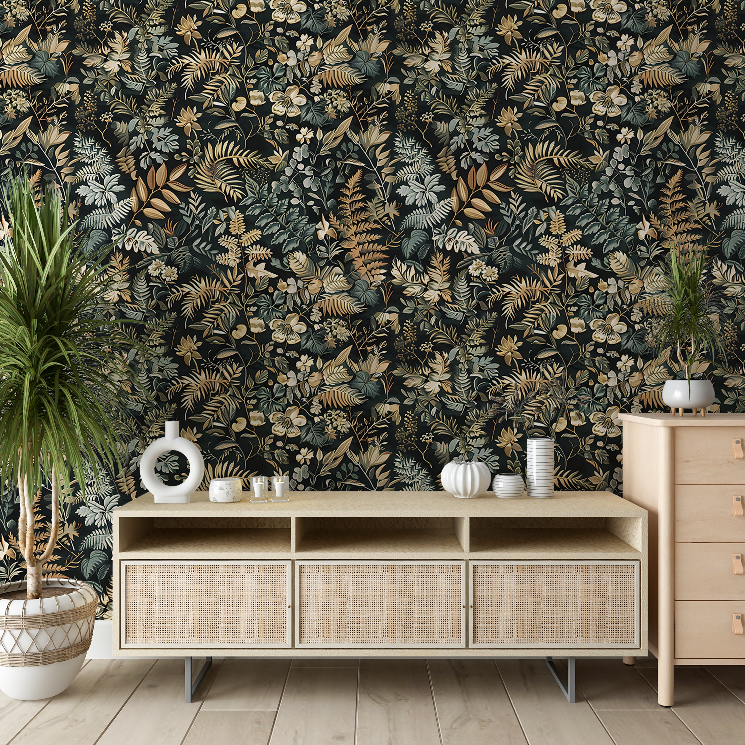 Dark Floral Wallpaper, Peel and Stick Fern Pattern Decal, Wild Flowers and Leaves Wall Decor, Removable Dark Botanical Forest Flower Wallpaper