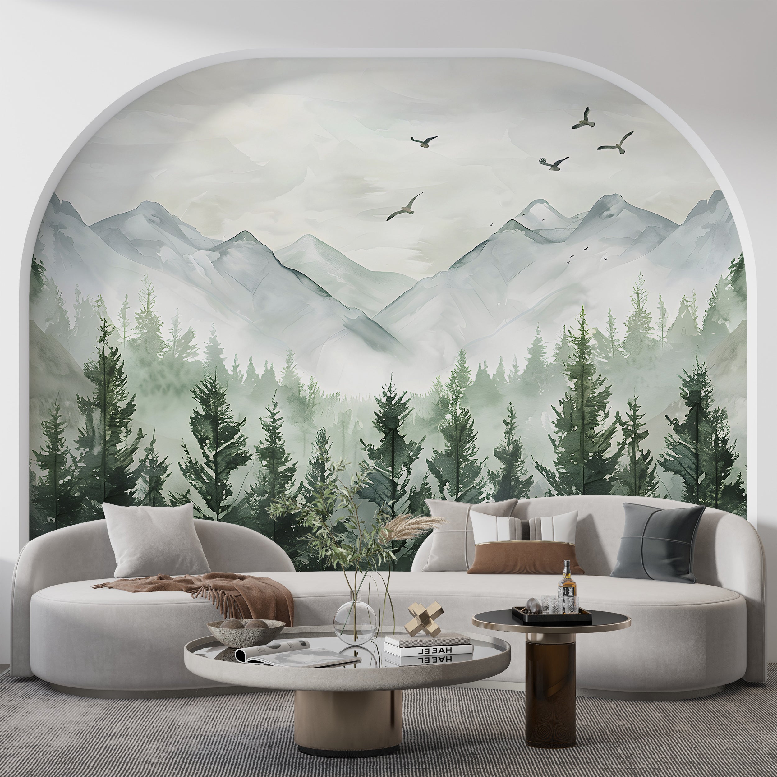 Minimalistic Mountains Mural, Watercolor Forest and Mountain Landscape Wallpaper, Removable Pastel Colors Nature Wall Decor