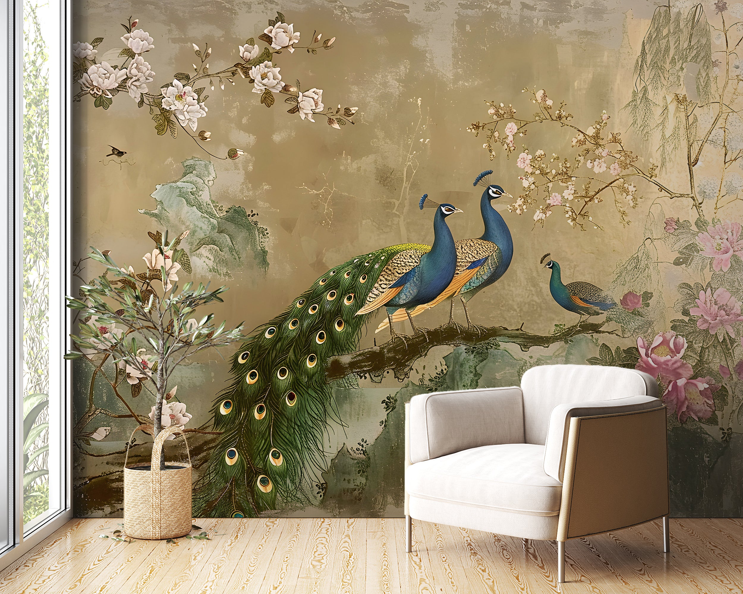 Chinoiserie Wallpaper, Colorful Peacock Wall Mural, Removable Vintage Golden Floral Wallpaper, Peel and Stick Classic Mural With Flowers and Birds
