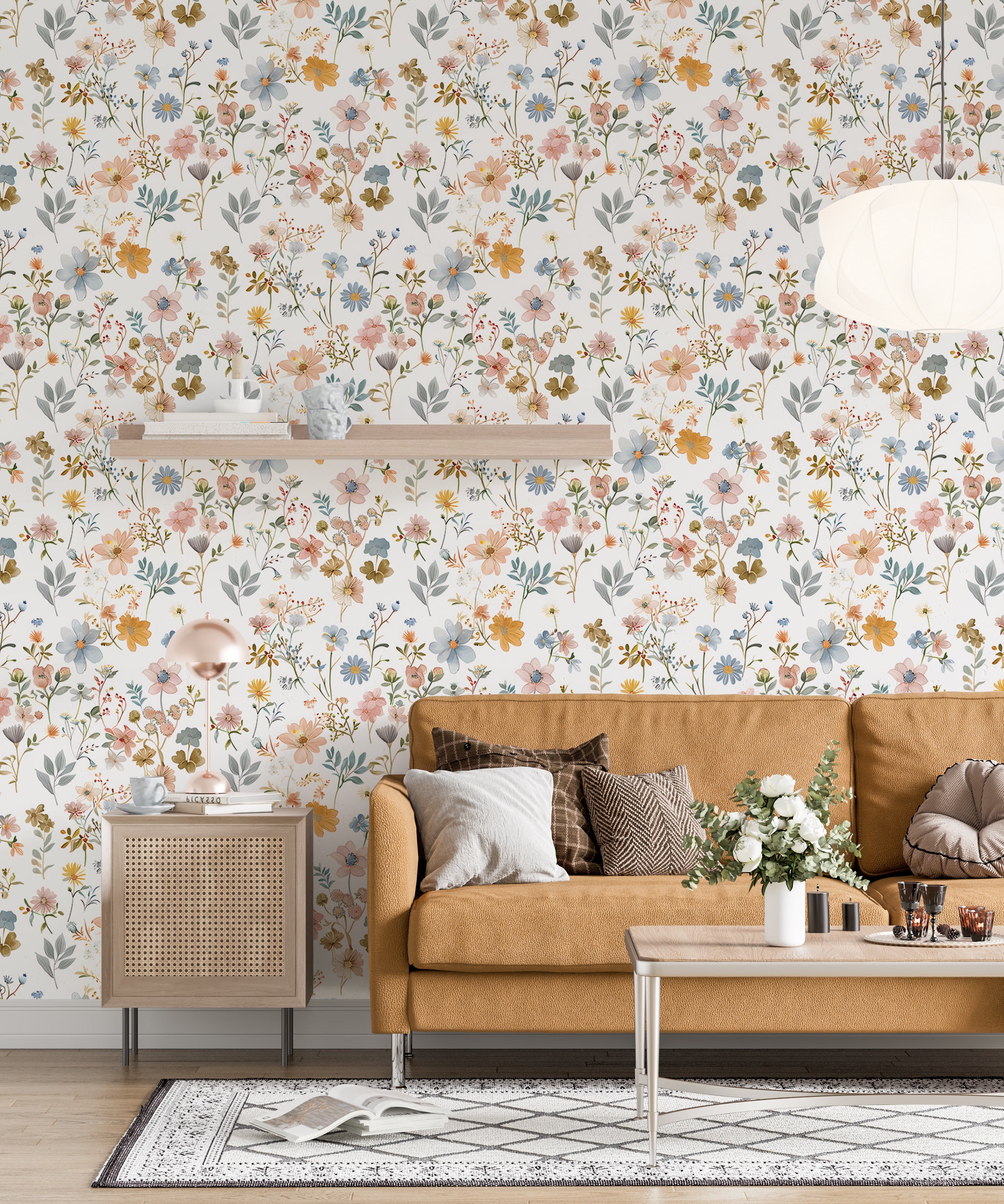 Soft Multi Color Floral Wallpaper, Pastel Meadow Flowers Wall Decal, Peel and Stick Light Botanical Wallpaper, Removable Field Wild Flower Pattern