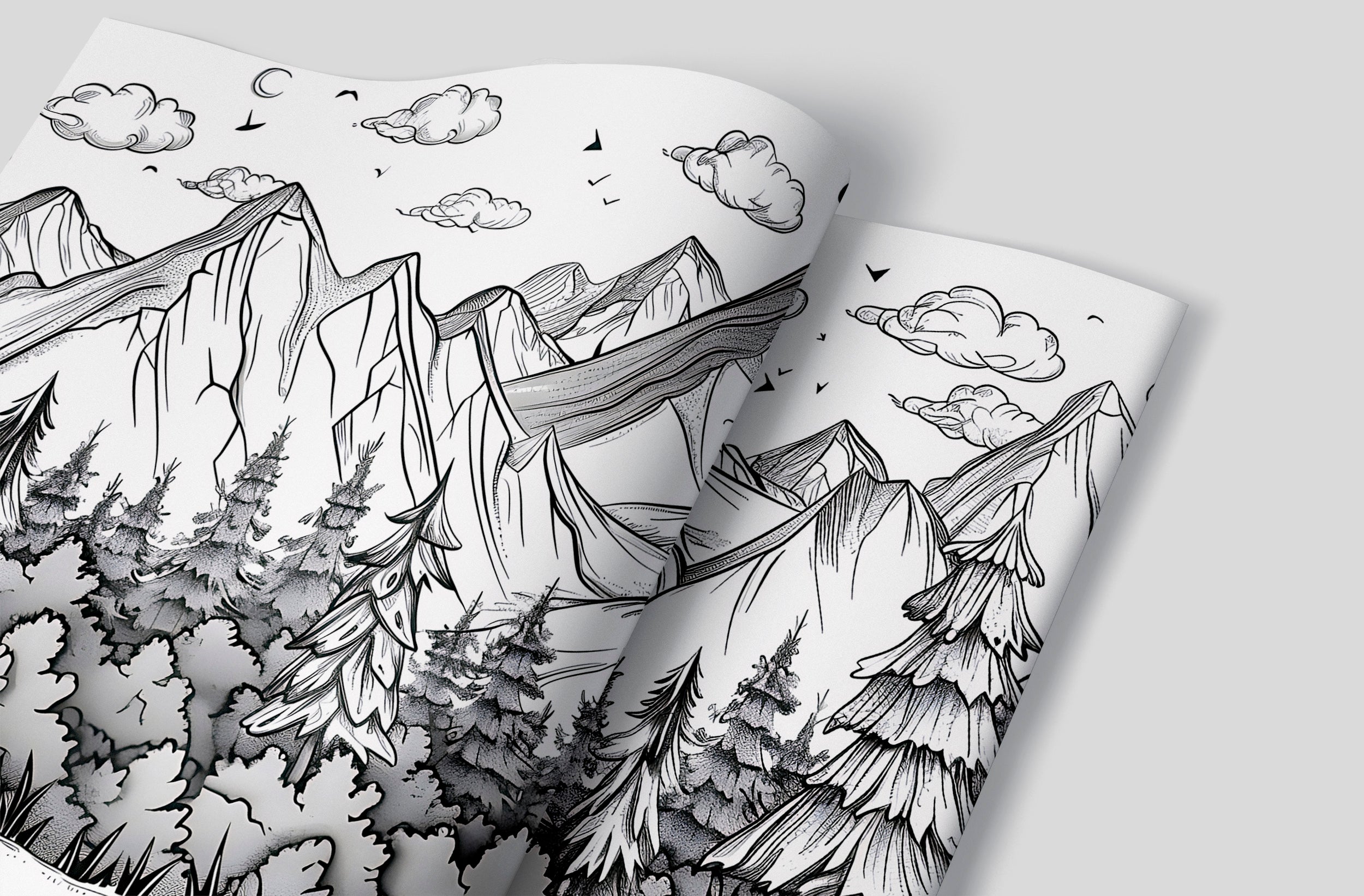 Mountains and Forest in Doodling Style Mural, Peel and Stick Nature Landscape Sketch Wallpaper, Black&White Cartoon Landscape Decor