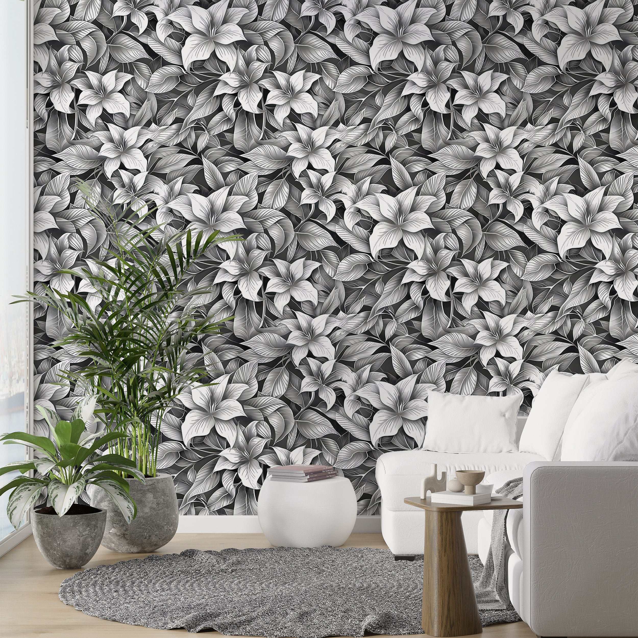 Stippling Style Floral Wallpaper, Peel and Stick Monochrome Flowers Decal, Black and White Floral Wallpaper, Removable Flower Pattern