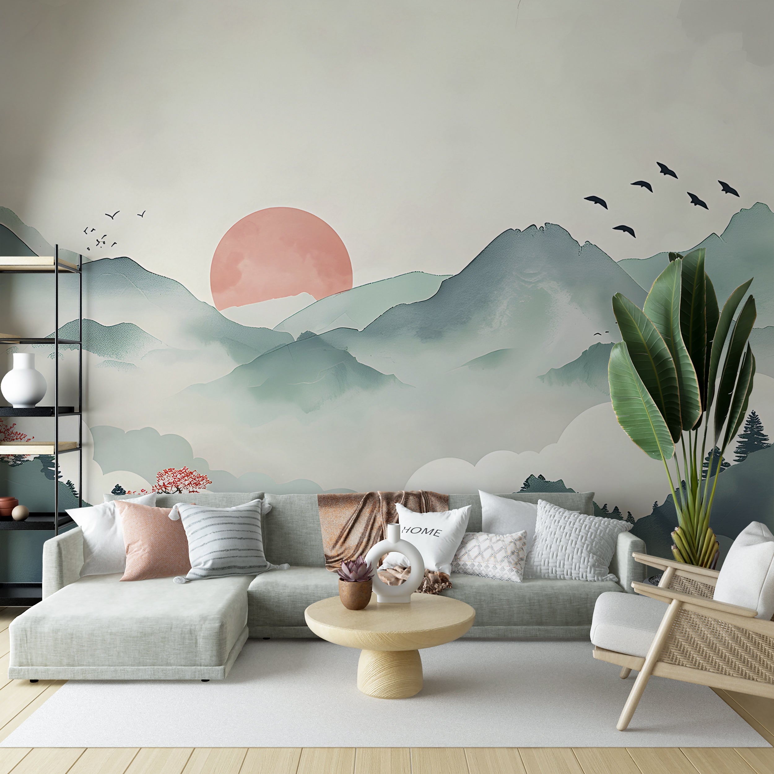 Red Sun Behind Green Mountains Mural, Watercolor Japanese Landscape Wallpaper, Peel and Stick Soft Colors Accent Wall Removable Wall Decal