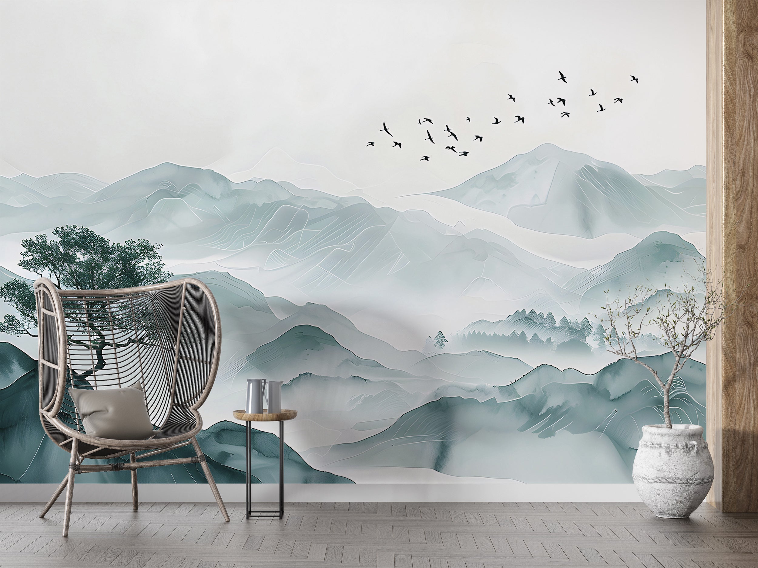 Bird Swallow and Mountains Mural, Peel and Stick Soft Green Misty Mountain Landscape Wallpaper, Abstract Foggy Nature Wall Decal