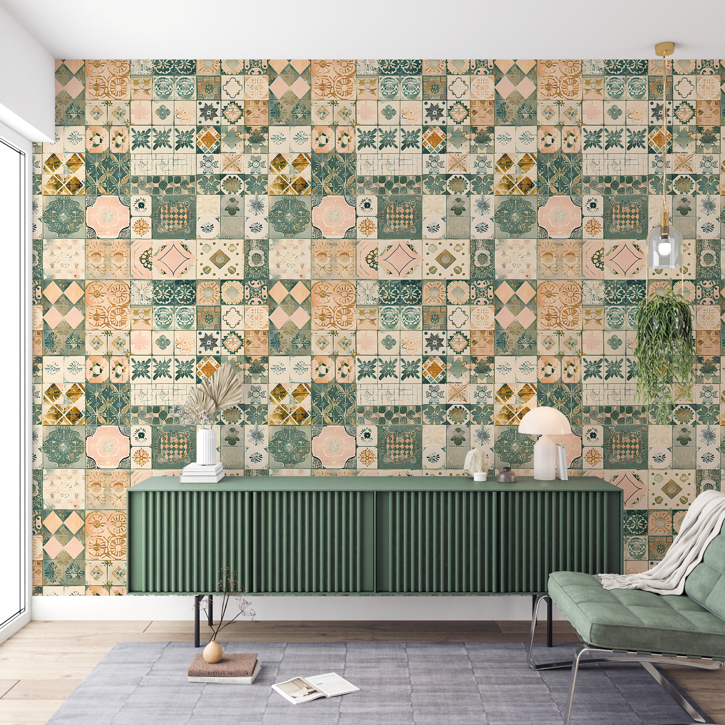 Moroccan Wallpaper, Patchwork Tiles Wallpaper, Green and Beige Tiles Wall Decal, Peel and Stick Watercolor Rustic Tiles Decor