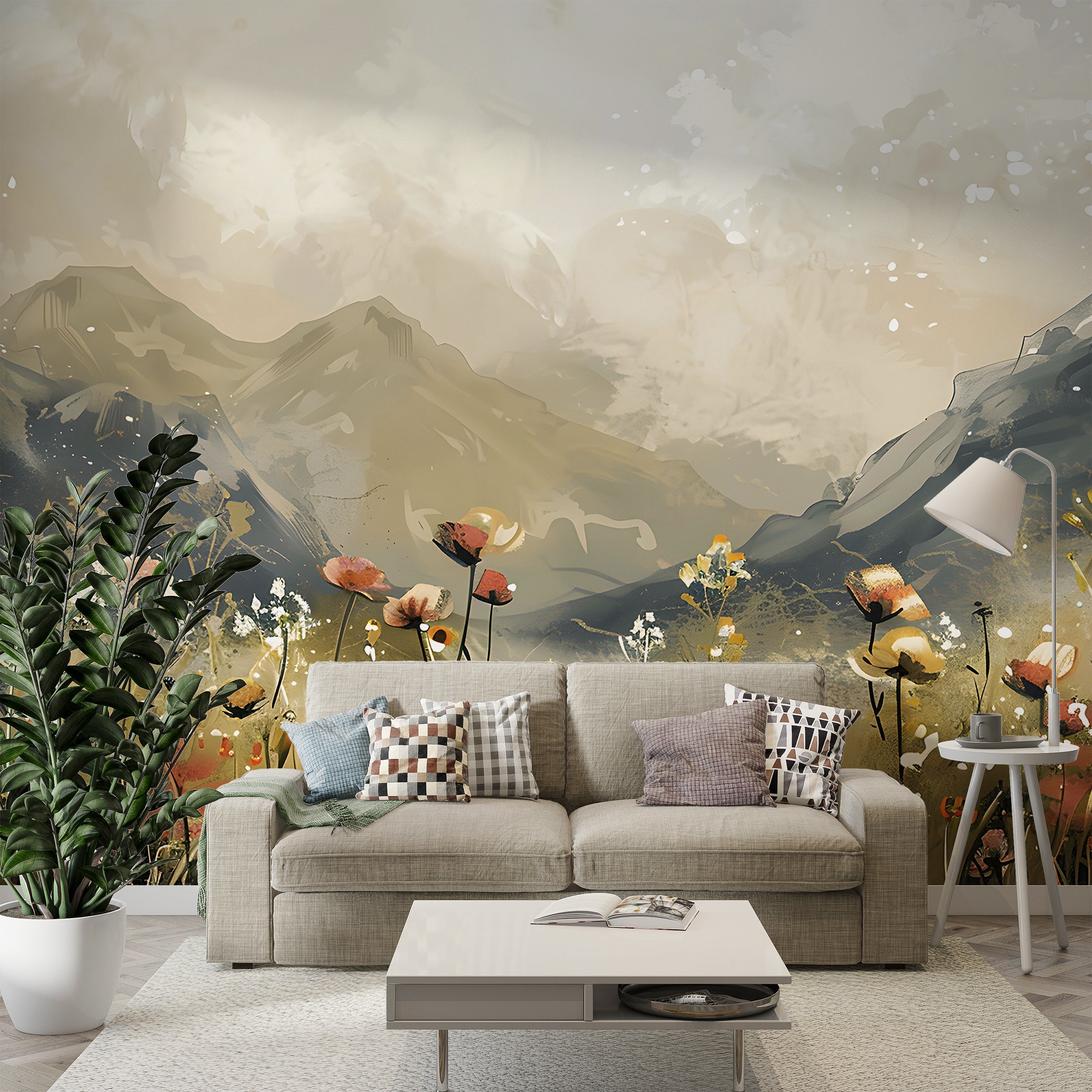 Watercolor Flower Field Mural, Peel and Stick Mountain Landscape Wallpaper, Meadow Flowers Mural, Pastel Colors Nature Wall Decor