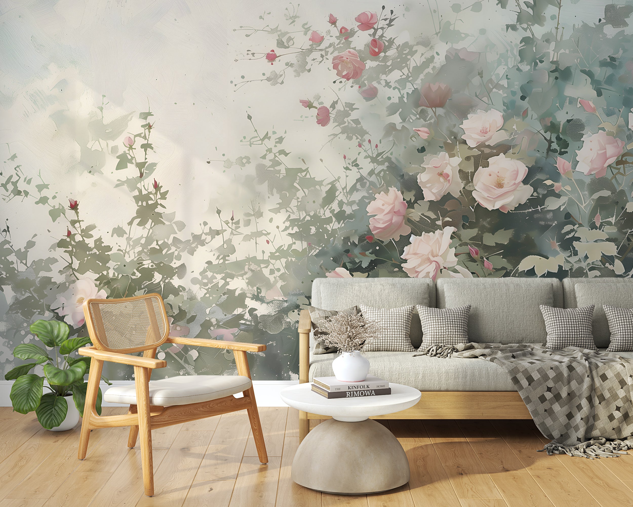Watercolor Wild Roses Wallpaper, Peel and Stick Flower Bush Mural, Soft Green Botanical Wallpaper, Removable Floral Wall Art