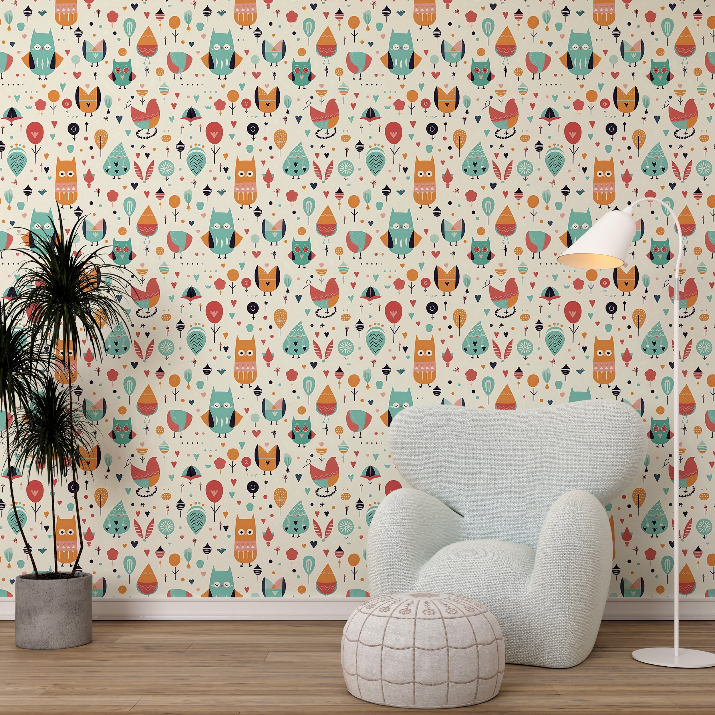 Playful Nursery Owl Pattern Wallpaper Design