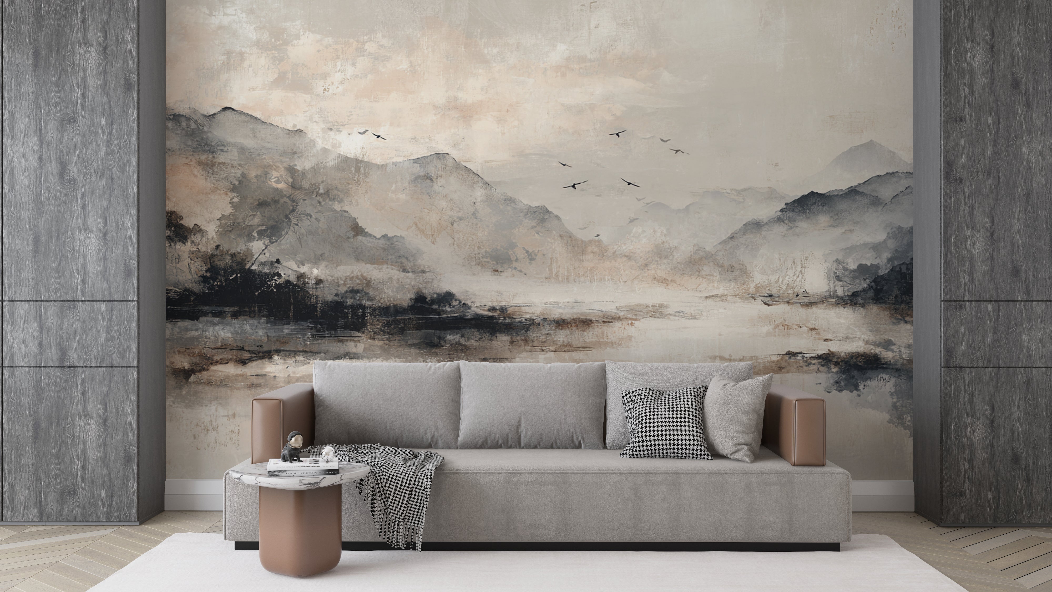 Japandi Zen Minimalist Wallpaper Mountain Art in Earth Tones