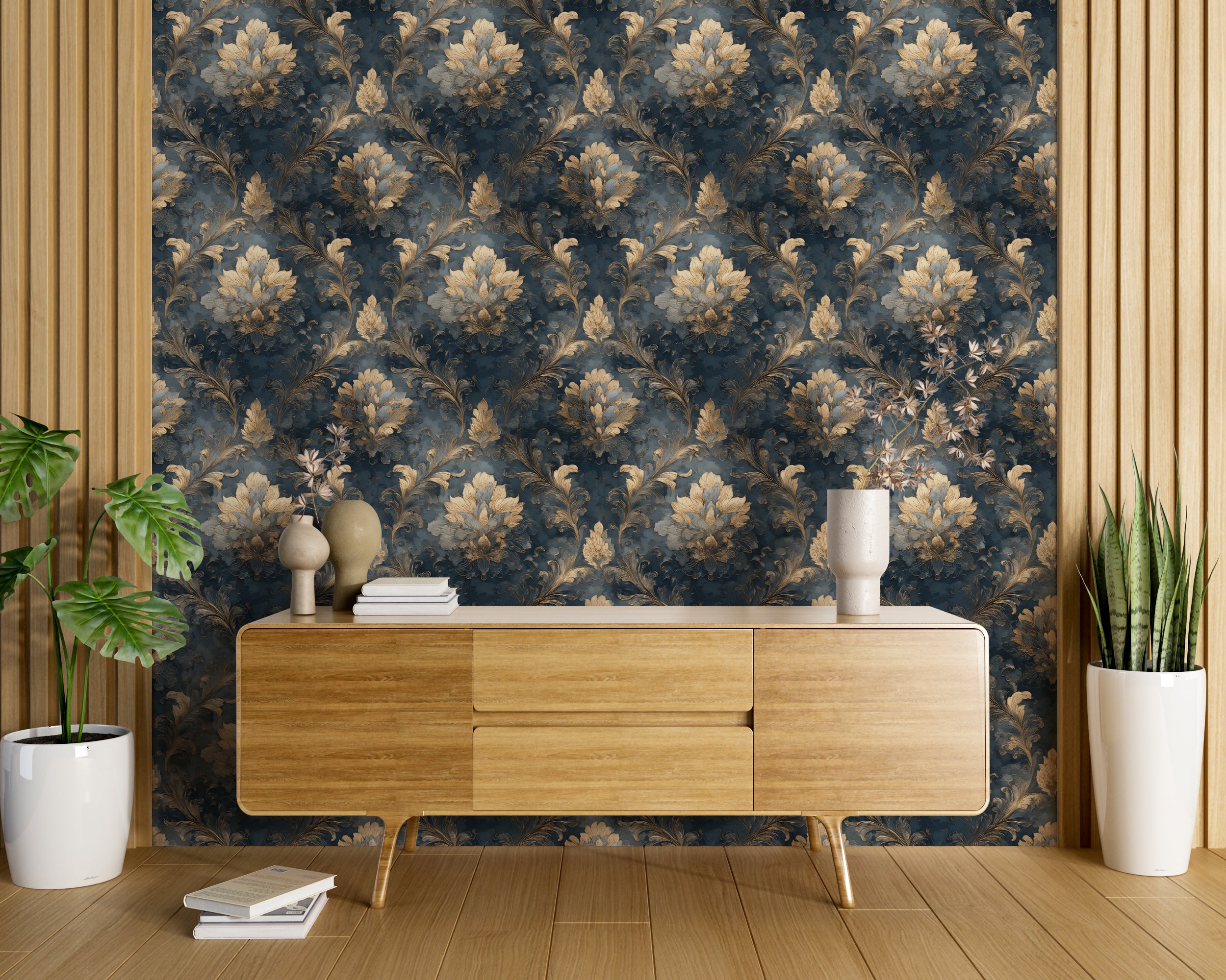 Lux Navy blue and gold damask wallpaper with ornate baroque pattern applied as a feature wall behind a modern wood sideboard