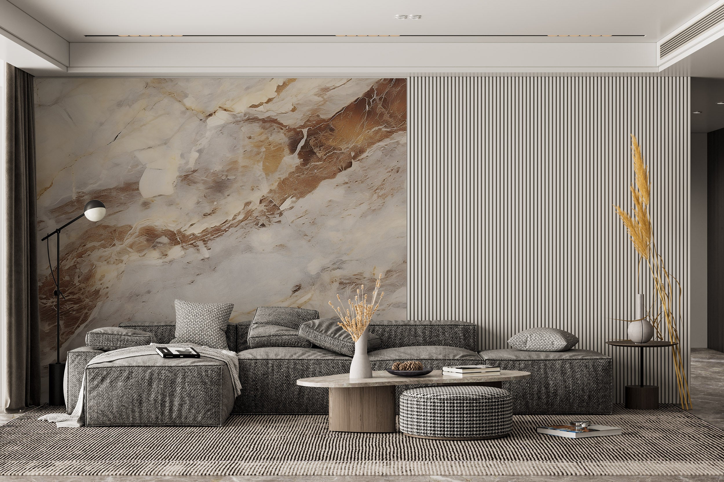 Chic Brown and Grey Marble Texture Mural Transforming Living Room Ambience