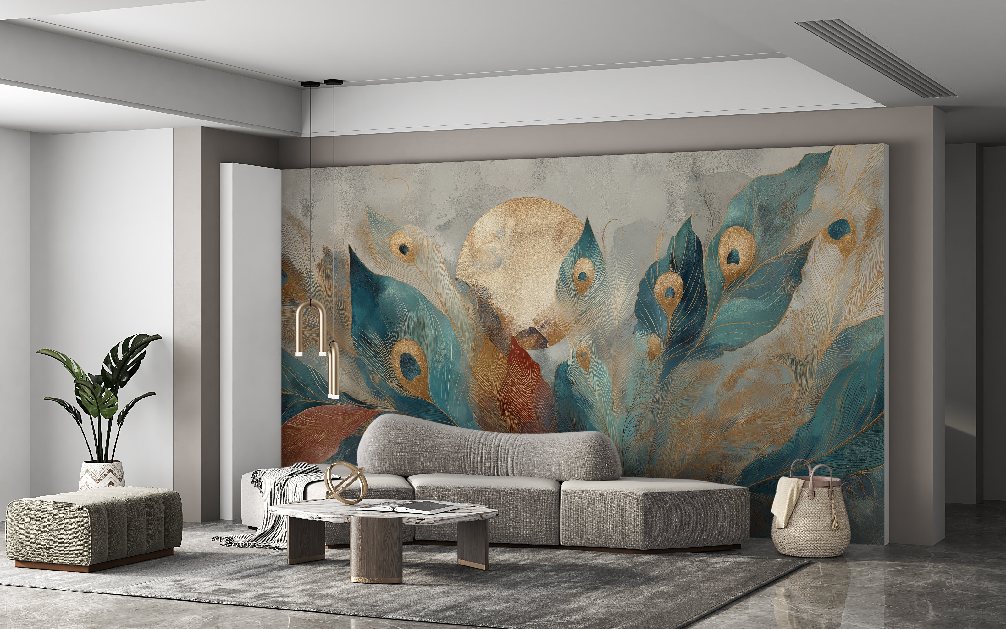 Teal and gold peacock feather wall mural design

Elegant abstract feather wallpaper in metallic tones