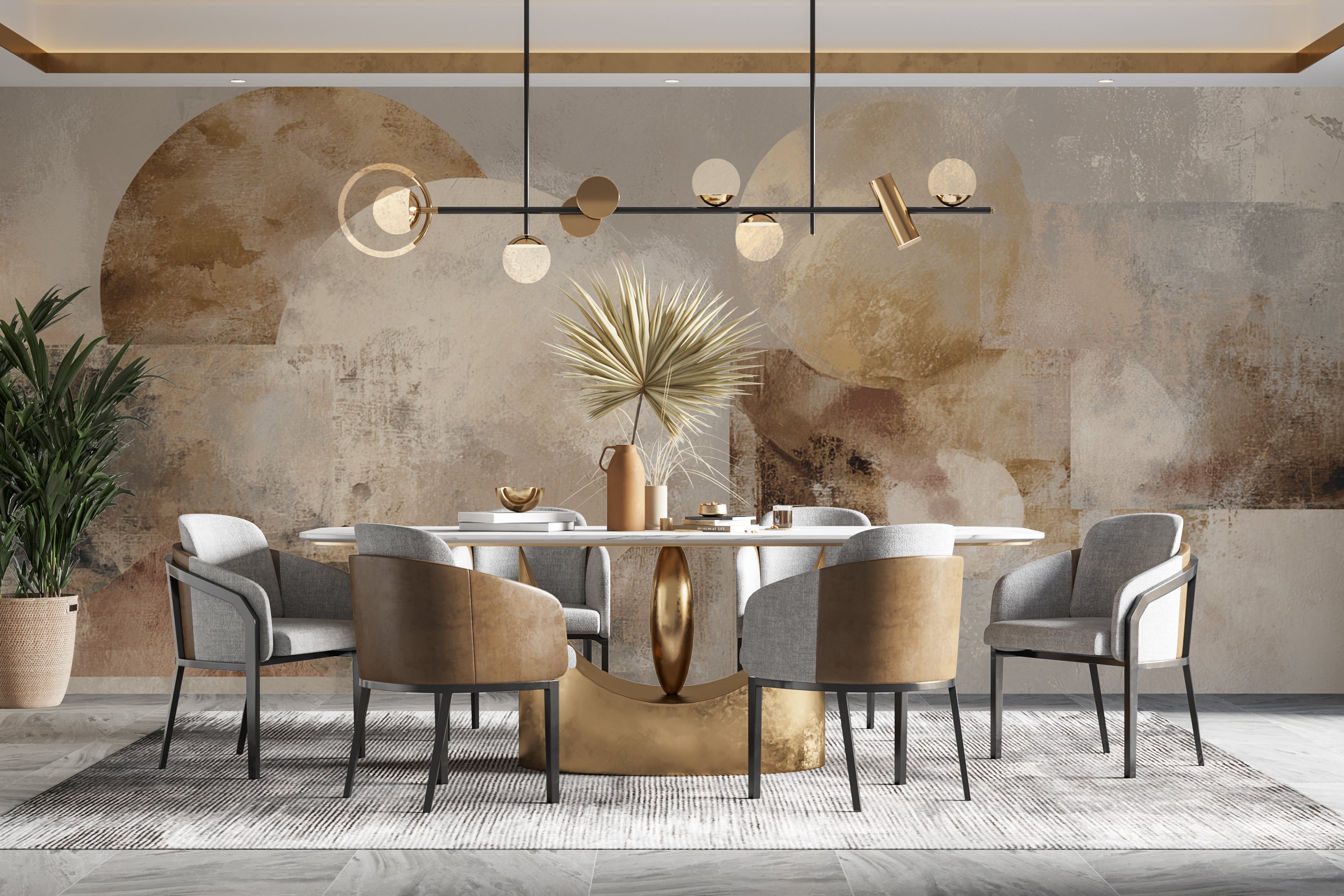 Neutral geometric mural with textured abstract forms in beige and gold