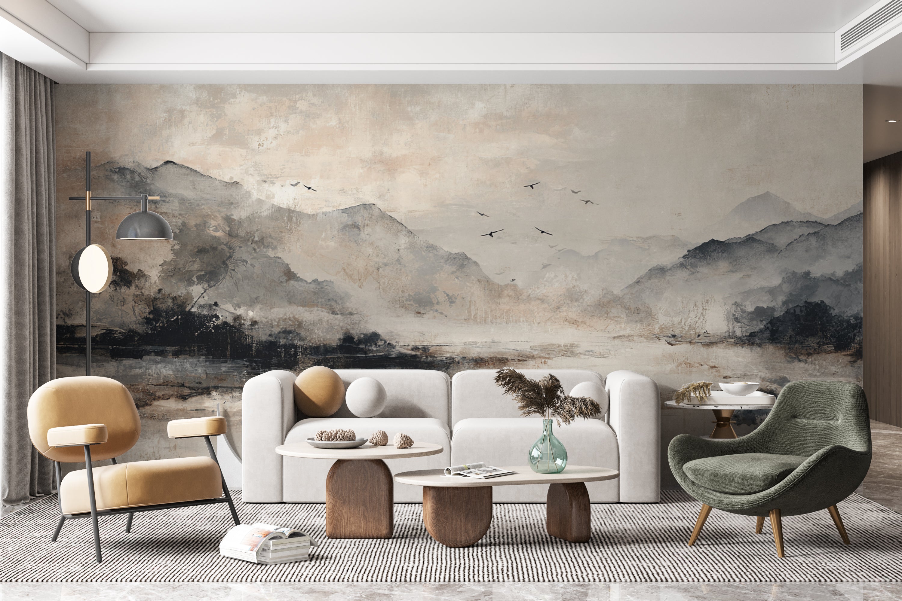 Japandi Zen Minimalist Wallpaper Mountain Art in Earth Tones
