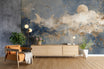 Celestial Wall Mural with Moon Phases Stars and Clouds in Navy Blue and Gold for Nursery or Dreamy Room Decor