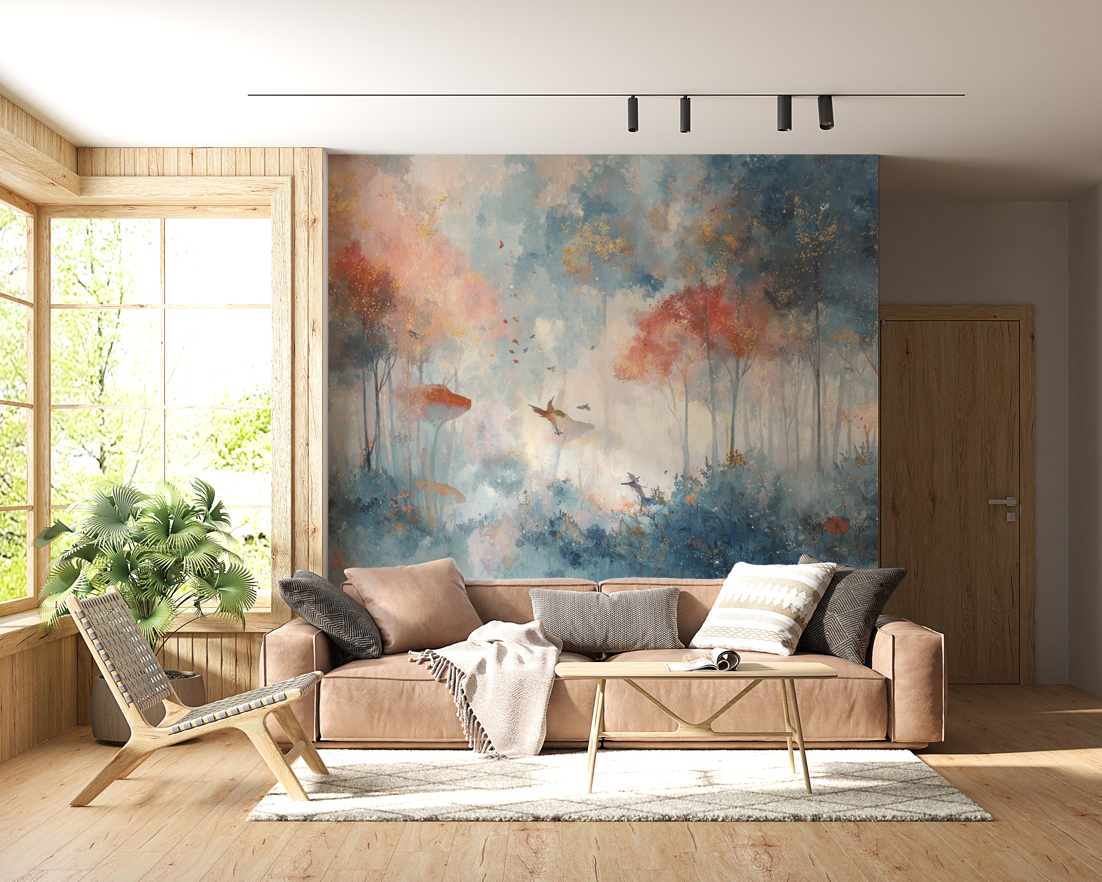 Fantasy Forest Wallpaper Mural – Magical Woodland Wall Art with Birds, Glowing Trees, Dreamy Blue and Coral Colors for Kids or Boho Rooms