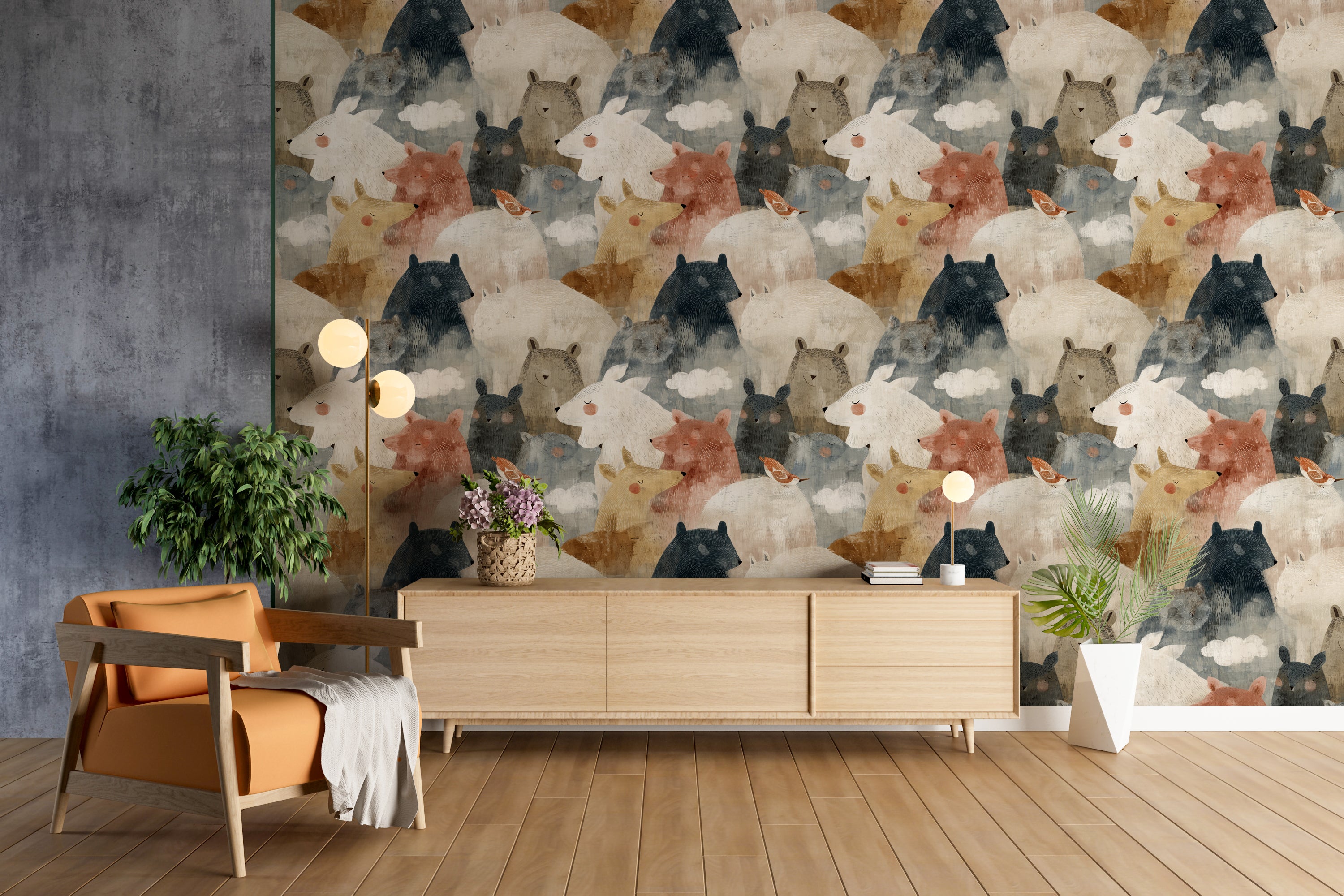 Hand drawn woodland bear mural wallpaper for kids room