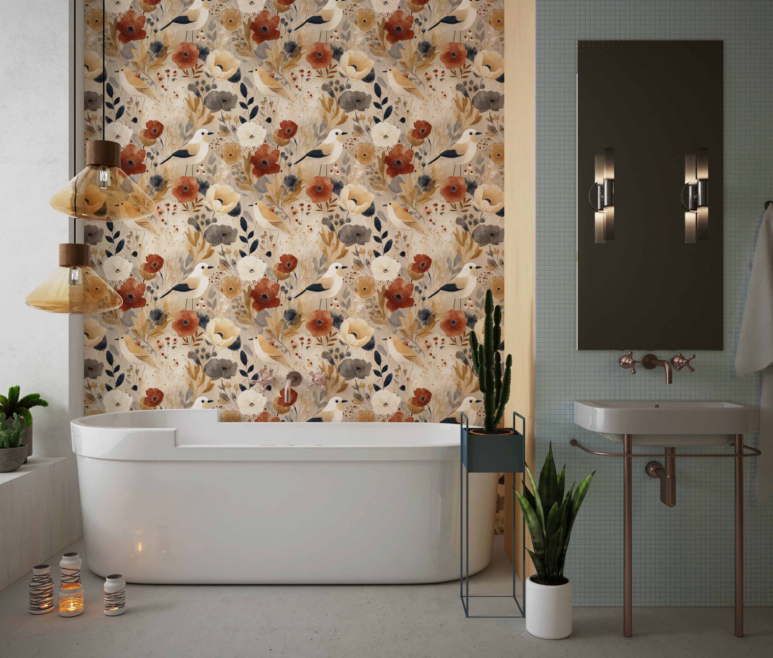 Vintage birds and terracotta floral beige wall mural