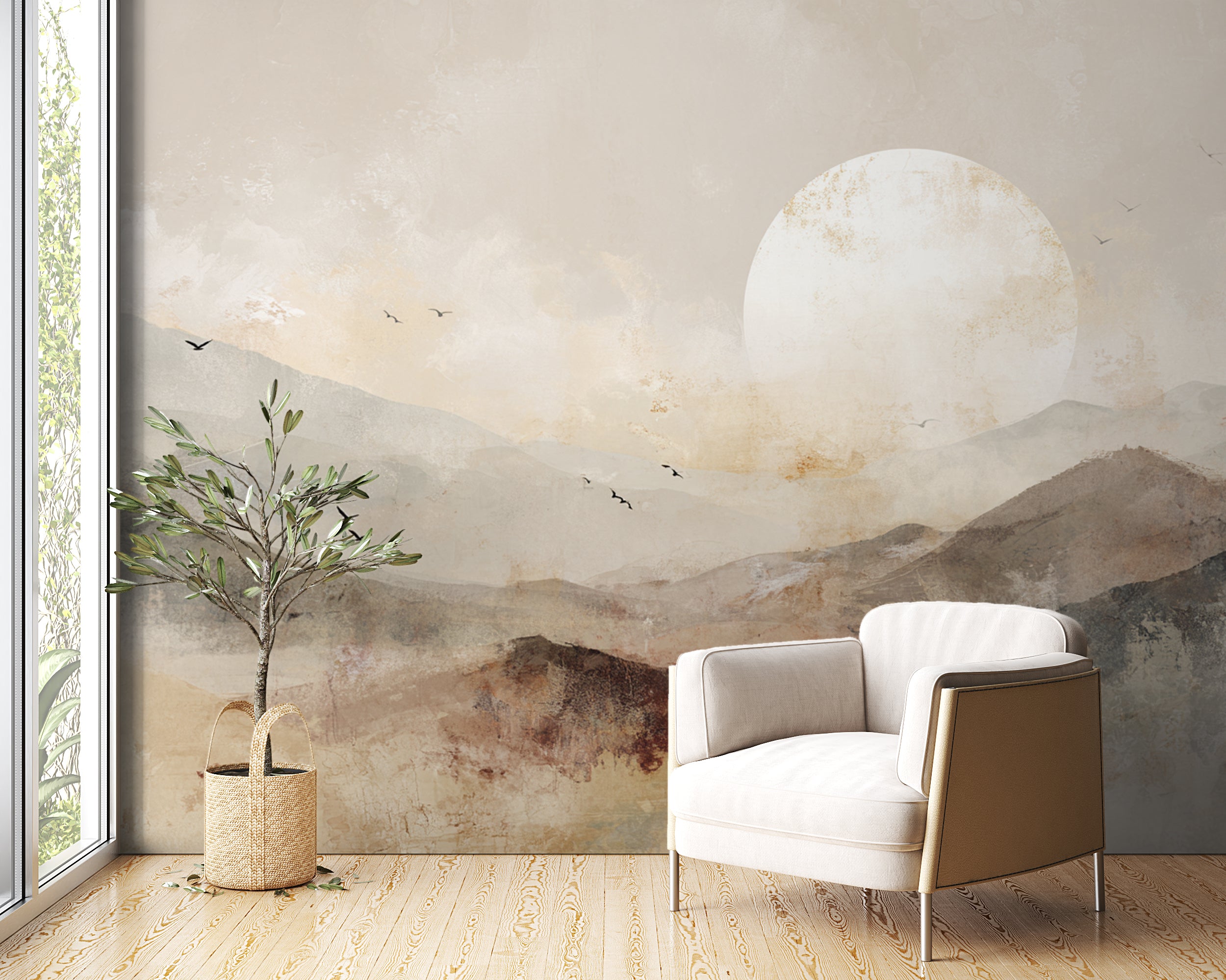 Japandi mountain landscape wall mural in beige and brown tones
