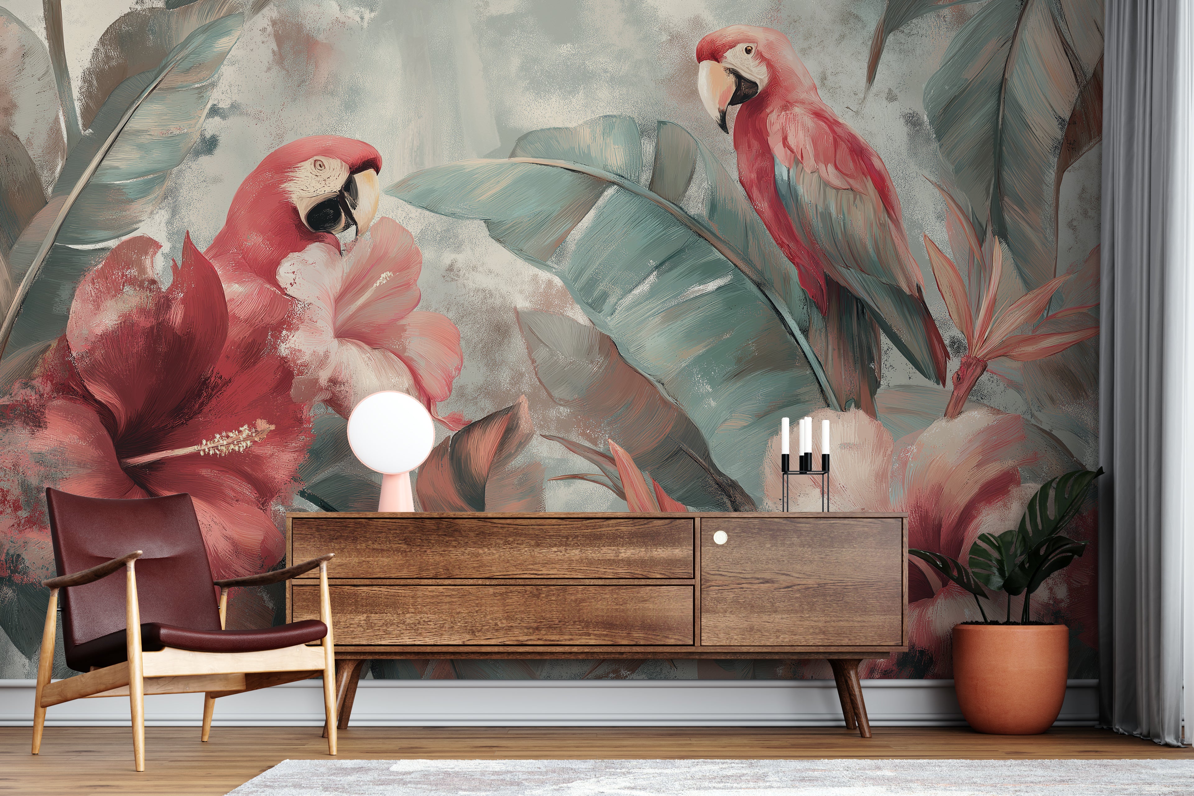 Tropical wall mural with coral parrots and hibiscus flowers
