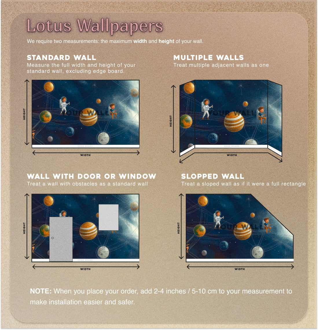 Whimsical space adventure with children exploring planets on cosmic paths, dreamy fantasy illustration of kids traveling through the universe. Mural.